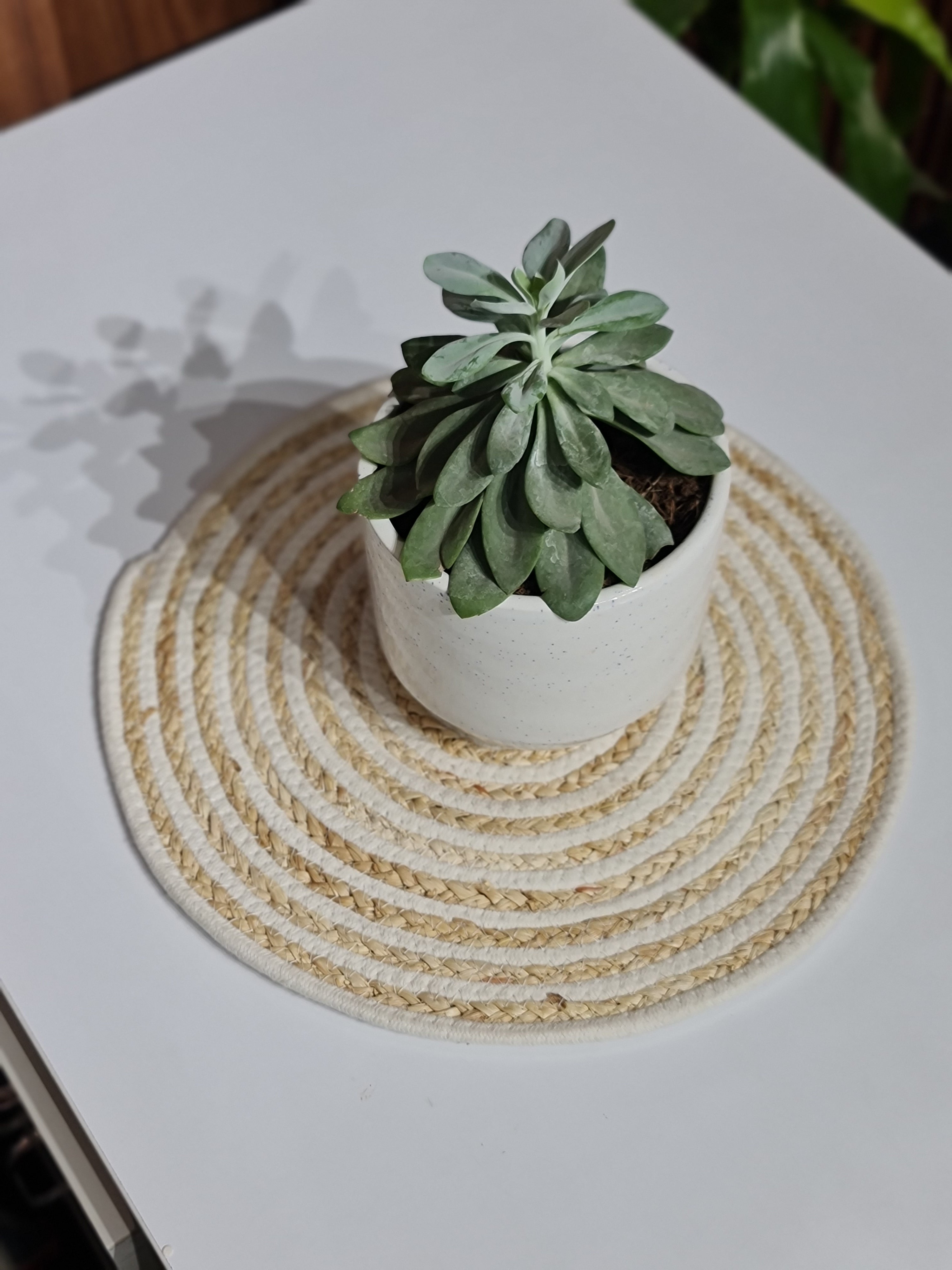 Round Braided Jute Place mats – Set of 2 (Beige & White, 38cm)
