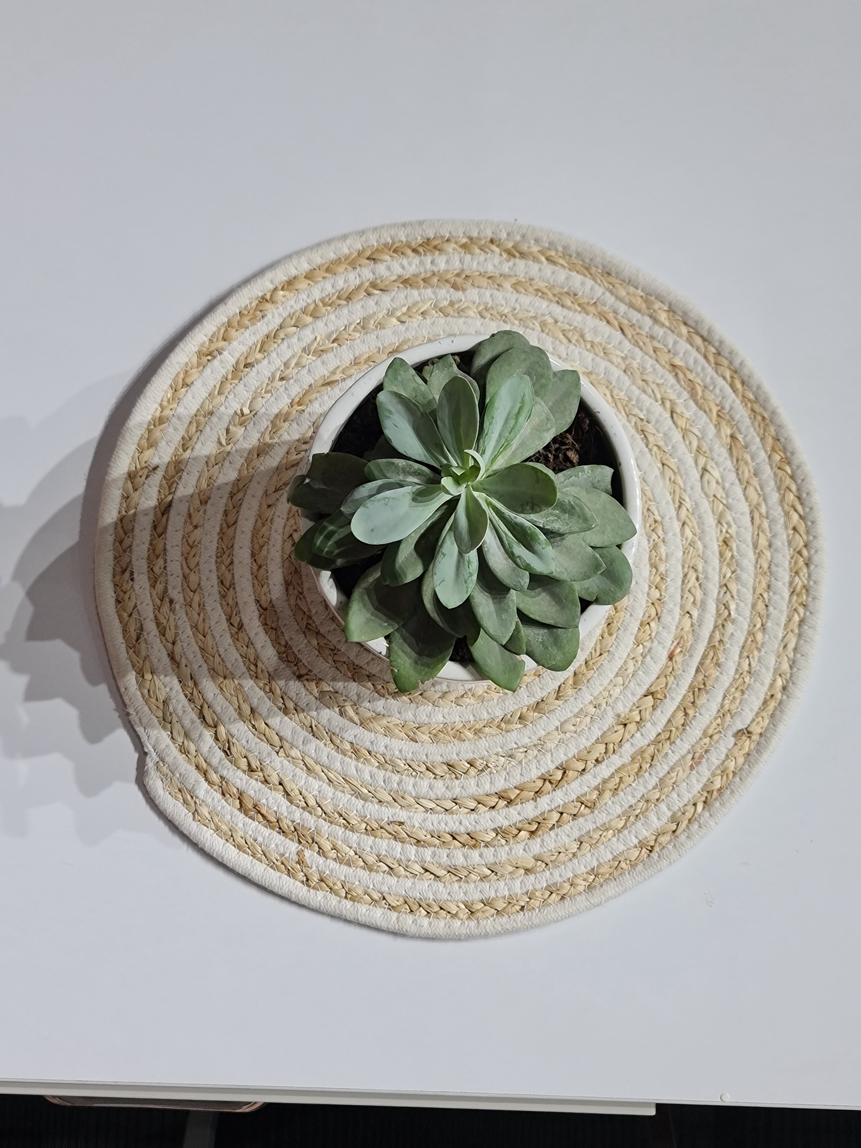 Round Braided Jute Place mats – Set of 2 (Beige & White, 38cm)