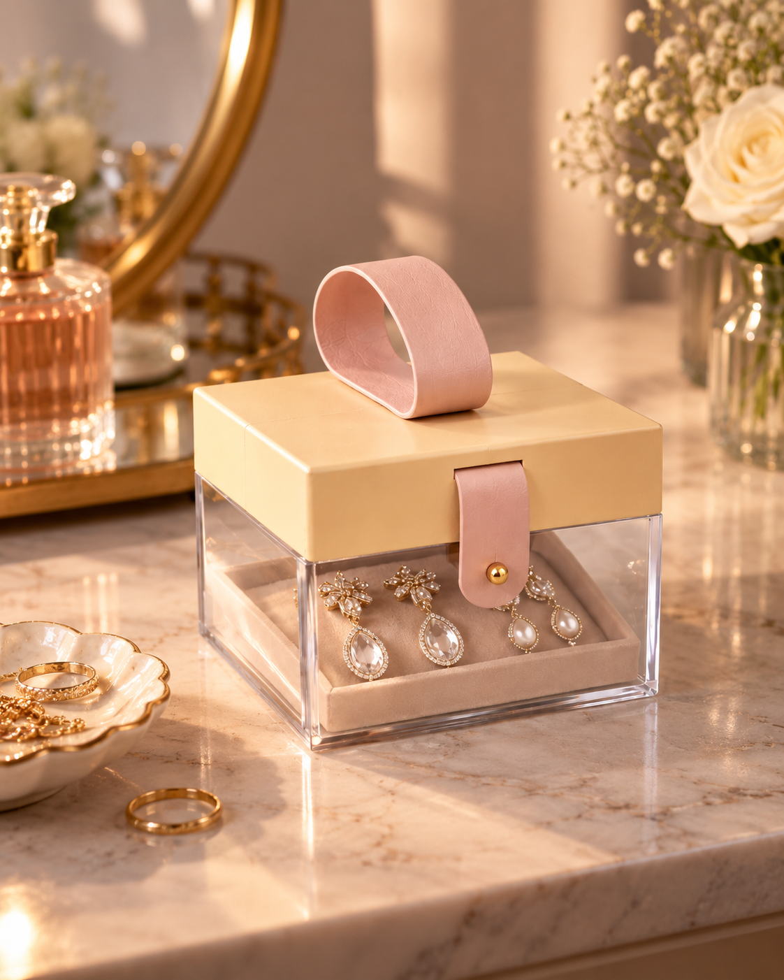 Set of 6 Clear Acrylic Gift Boxes with Leather Handle and Brass Rivet Strap