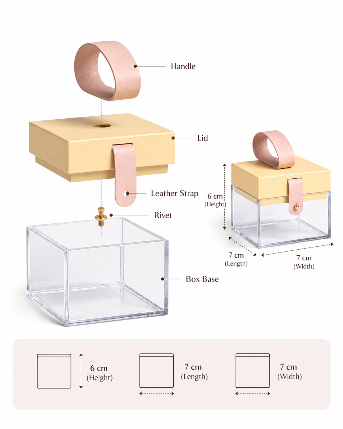 Set of 6 Clear Acrylic Gift Boxes with Leather Handle and Brass Rivet Strap