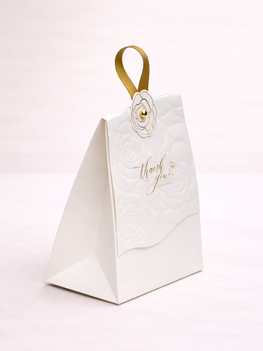 Set of 10 White Rose Embossed Gift Boxes with Gold Ribbon Handle - Wedding Favors, Party Gift Packaging