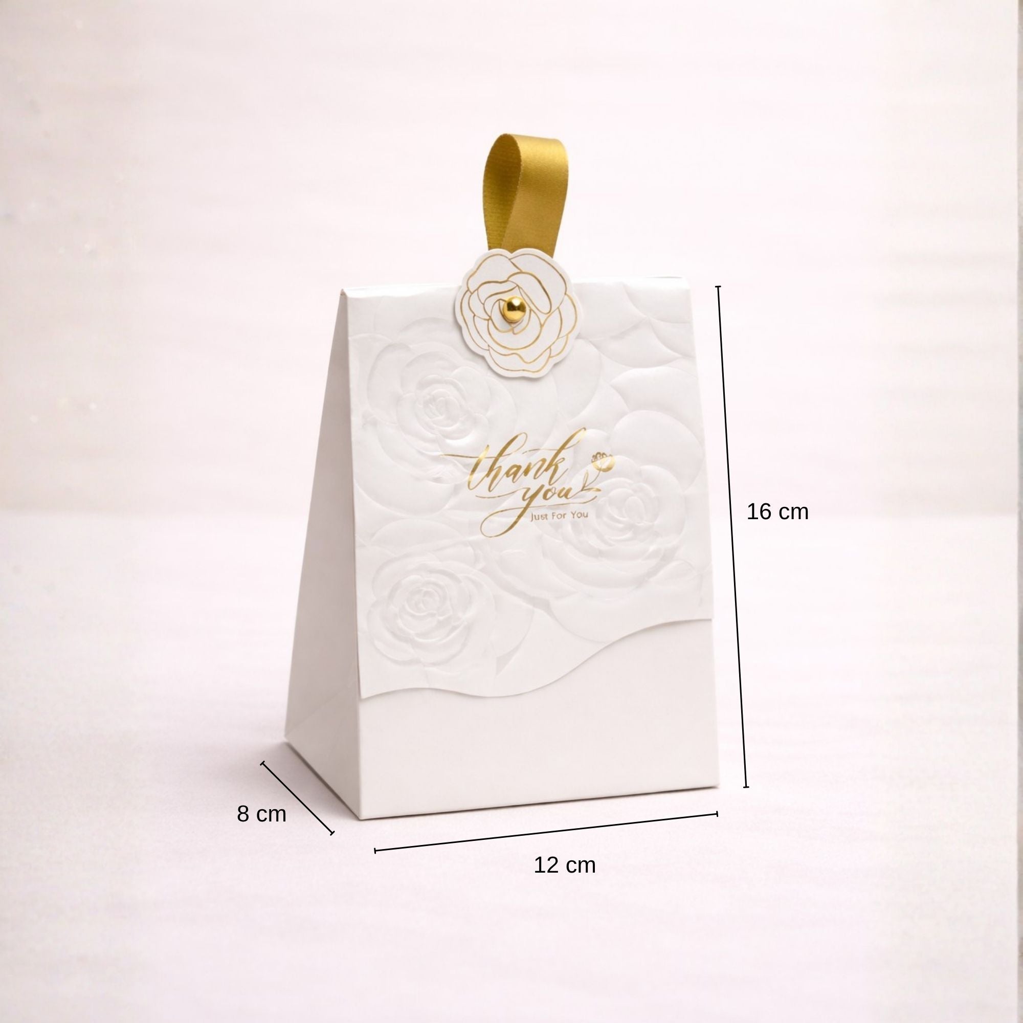 Set of 12 White Rose Embossed Gift Boxes with Gold Ribbon Handle - Wedding Favors, Party Gift Packaging