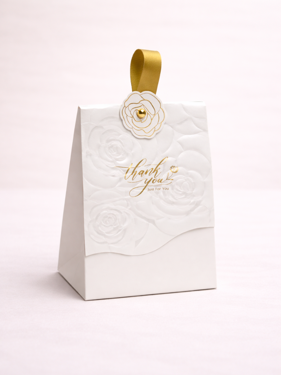 Set of 10 White Rose Embossed Gift Boxes with Gold Ribbon Handle - Wedding Favors, Party Gift Packaging