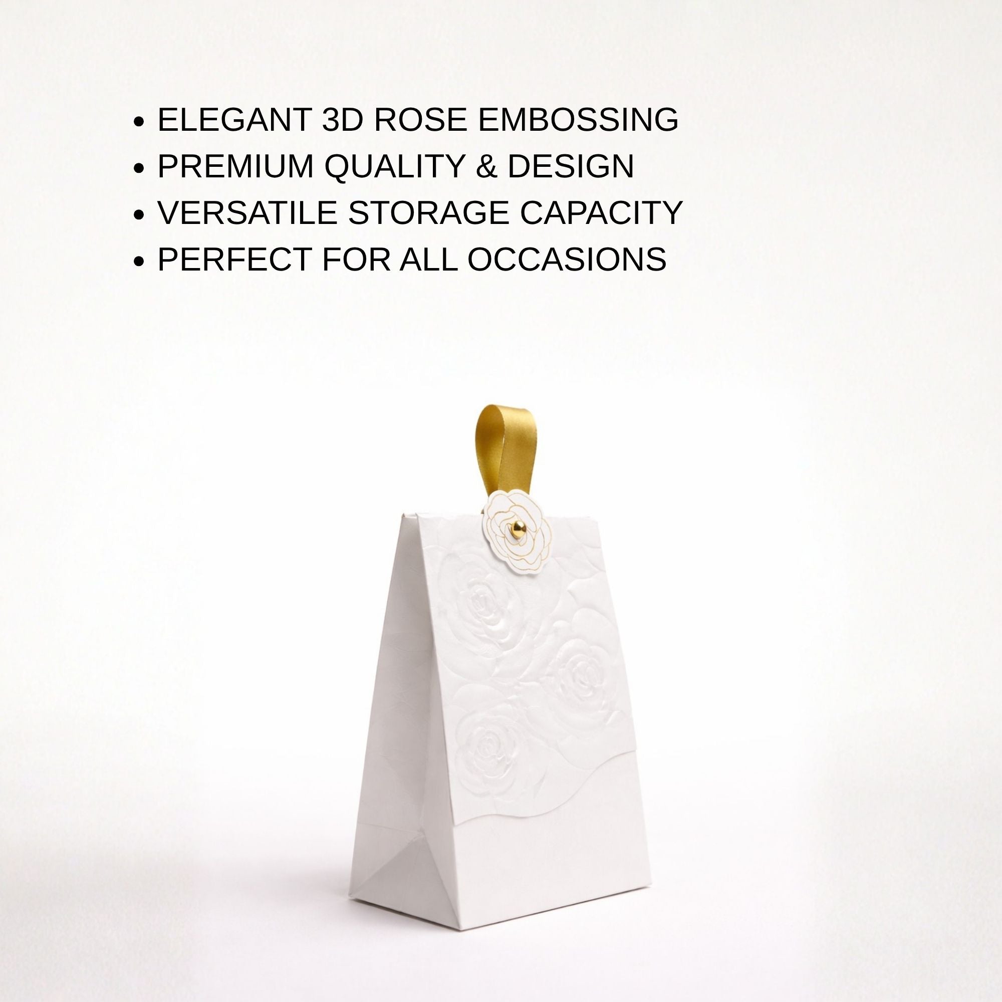 Set of 12 White Rose Embossed Gift Boxes with Gold Ribbon Handle - Wedding Favors, Party Gift Packaging