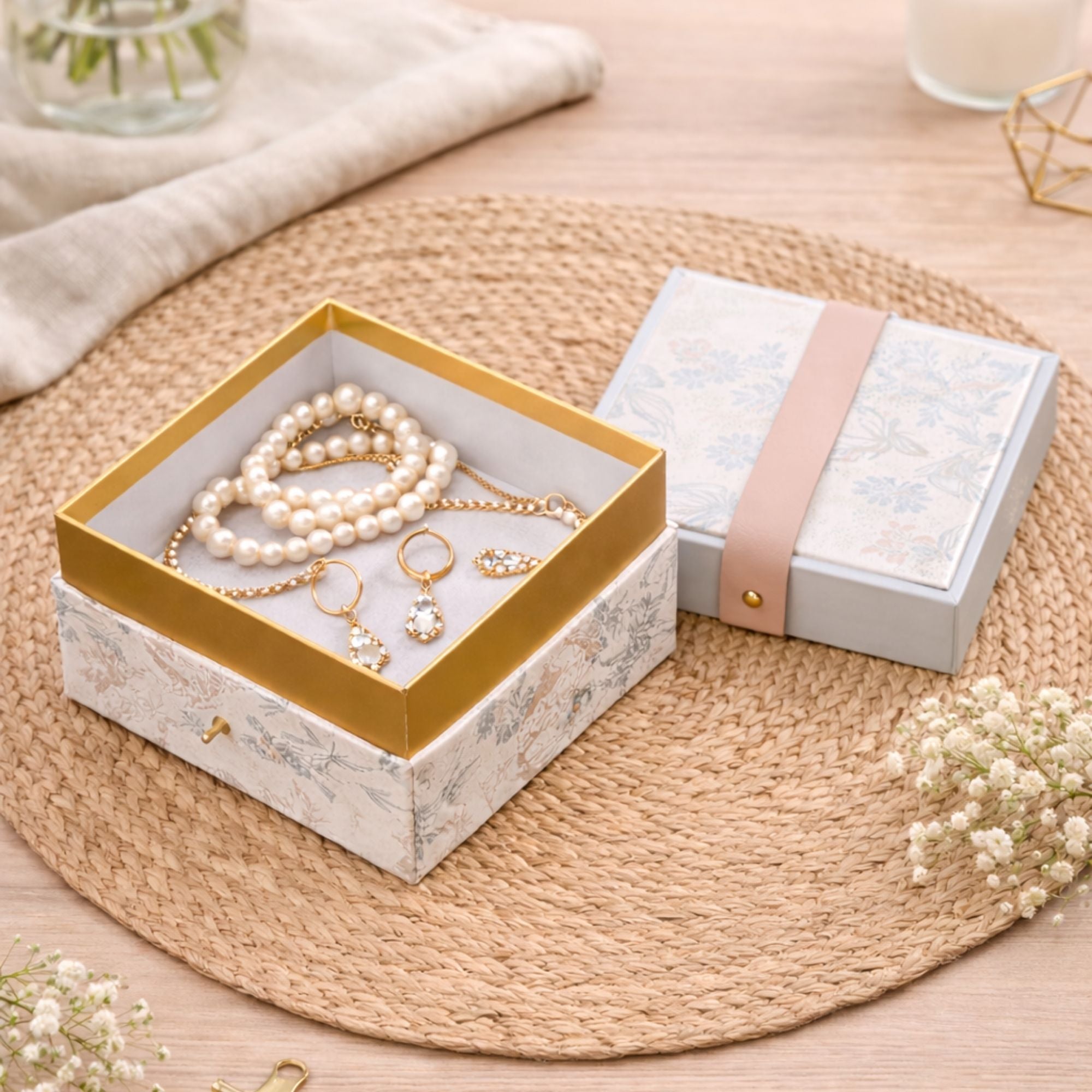 Premium Silky Floral Square Empty Gift Box with Handle (15 x 15 x 10 CM)
