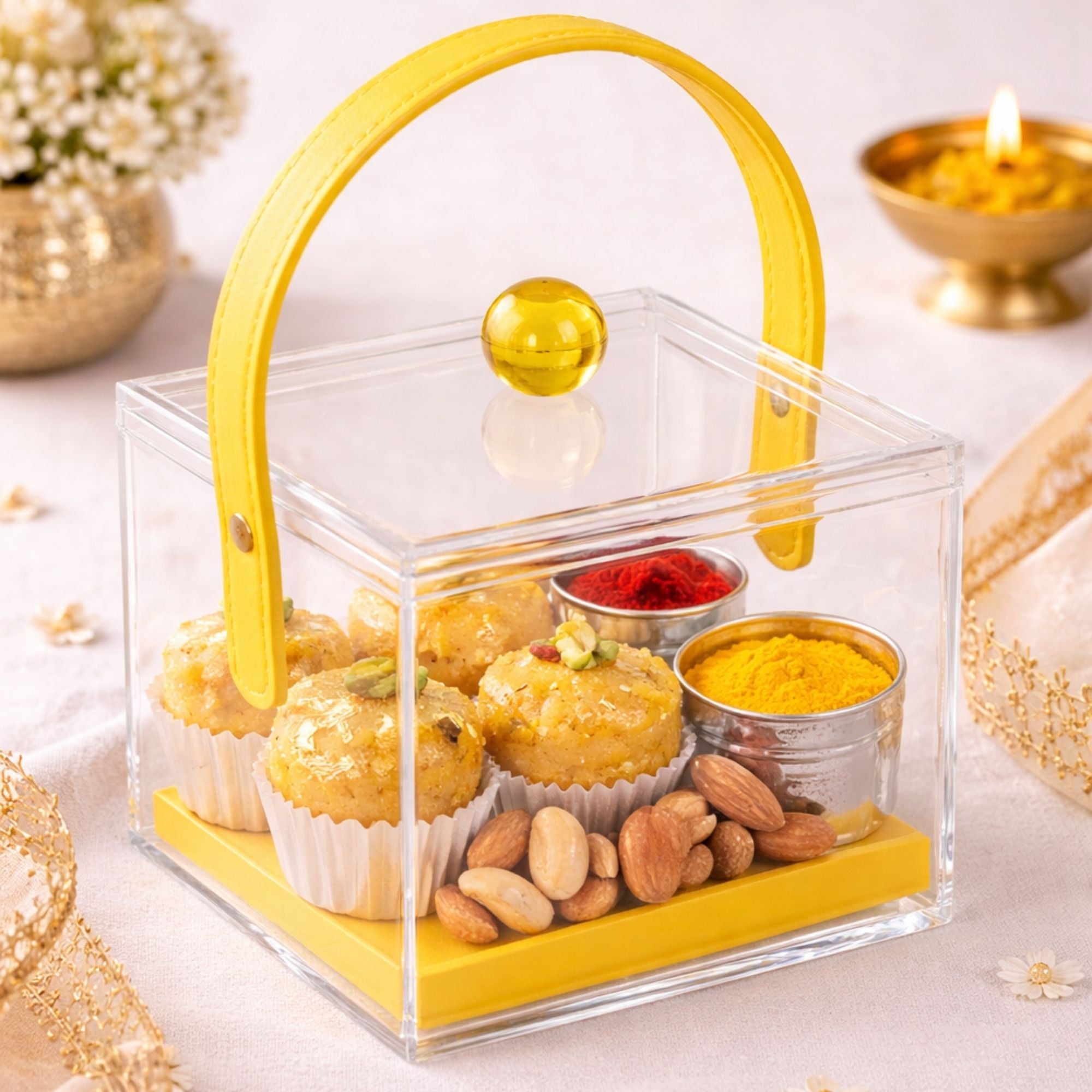 Clear Acrylic Gift Box with Lid & Leather Handle | Transparent Square Keepsake Box
