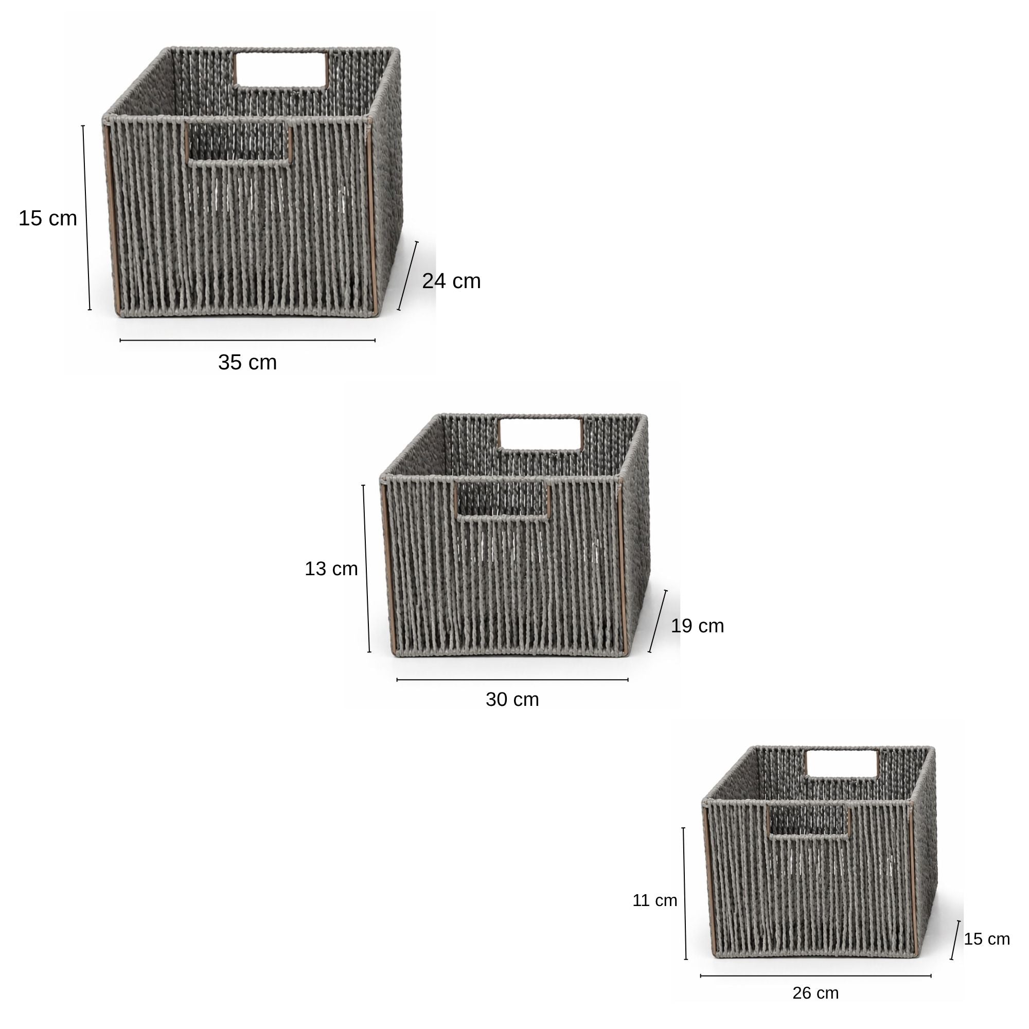 Woven storage cubes with dimensions labeled on a white background