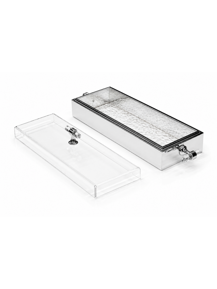 Crystal Clear Acrylic & Silver Matzah Box with Textured Glass Insert