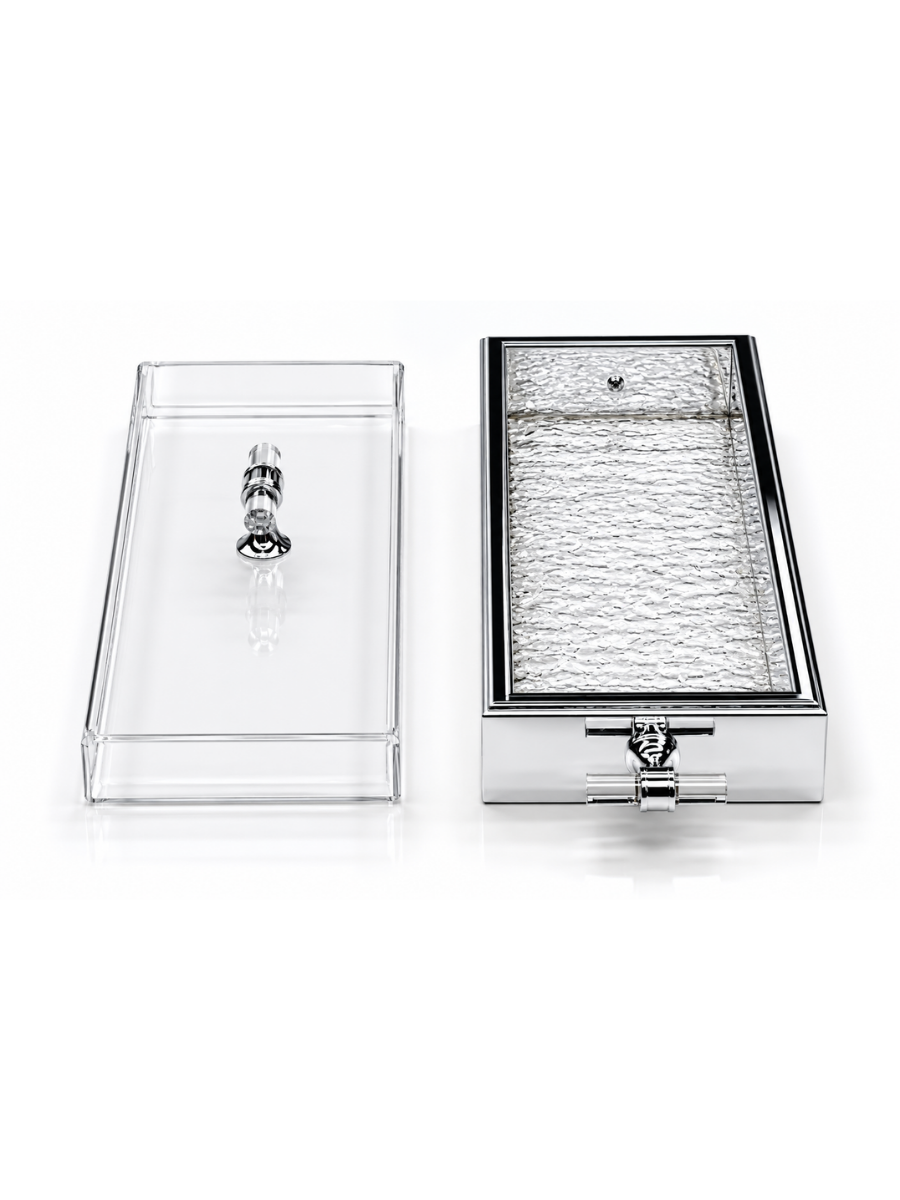 Crystal Clear Acrylic & Silver Matzah Box with Textured Glass Insert