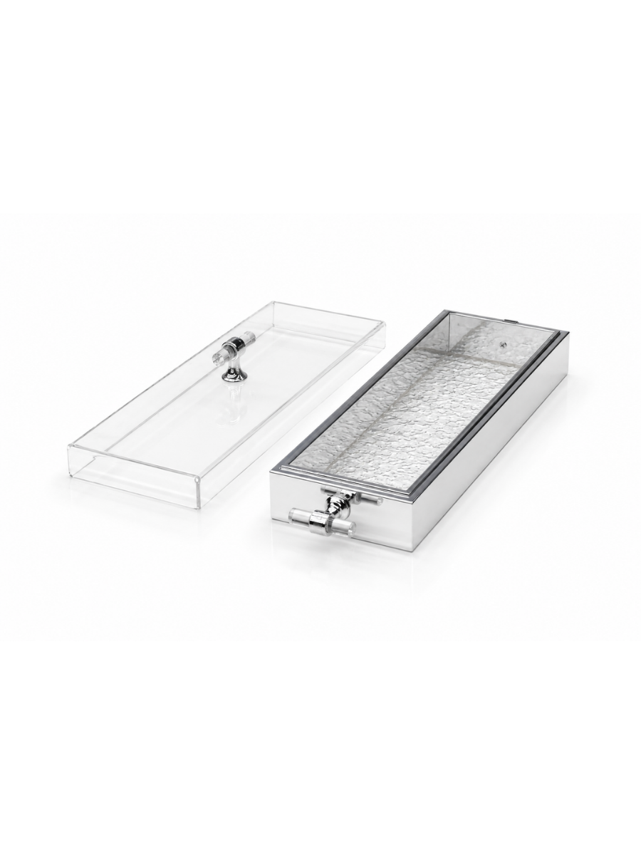 Crystal Clear Acrylic & Silver Matzah Box with Textured Glass Insert