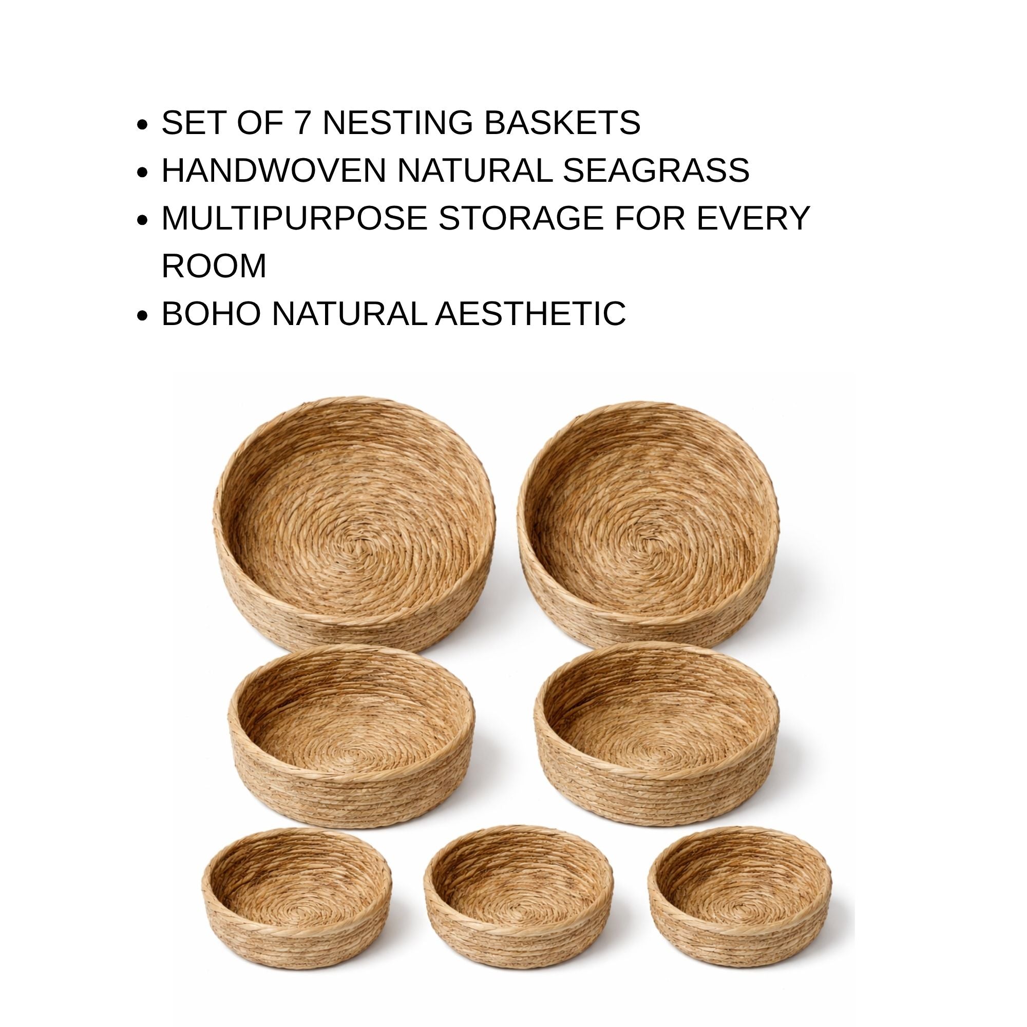 7-Piece Wicker Basket Set Natural Seagrass Nesting Baskets