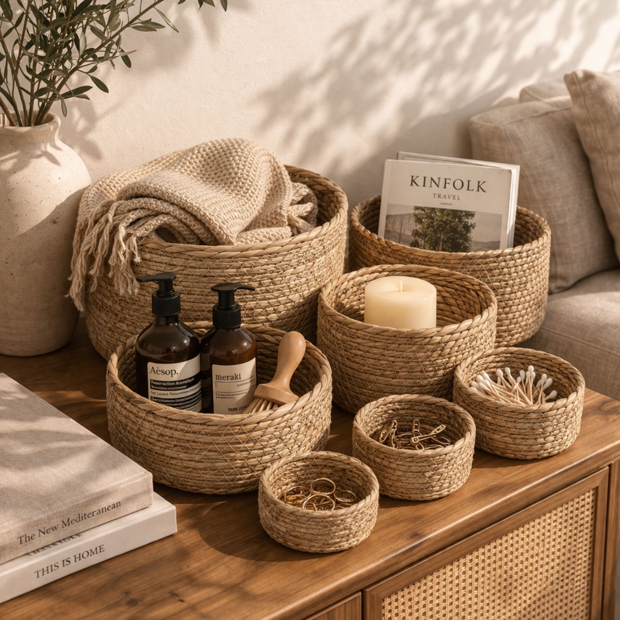 7-Piece Wicker Basket Set Natural Seagrass Nesting Baskets