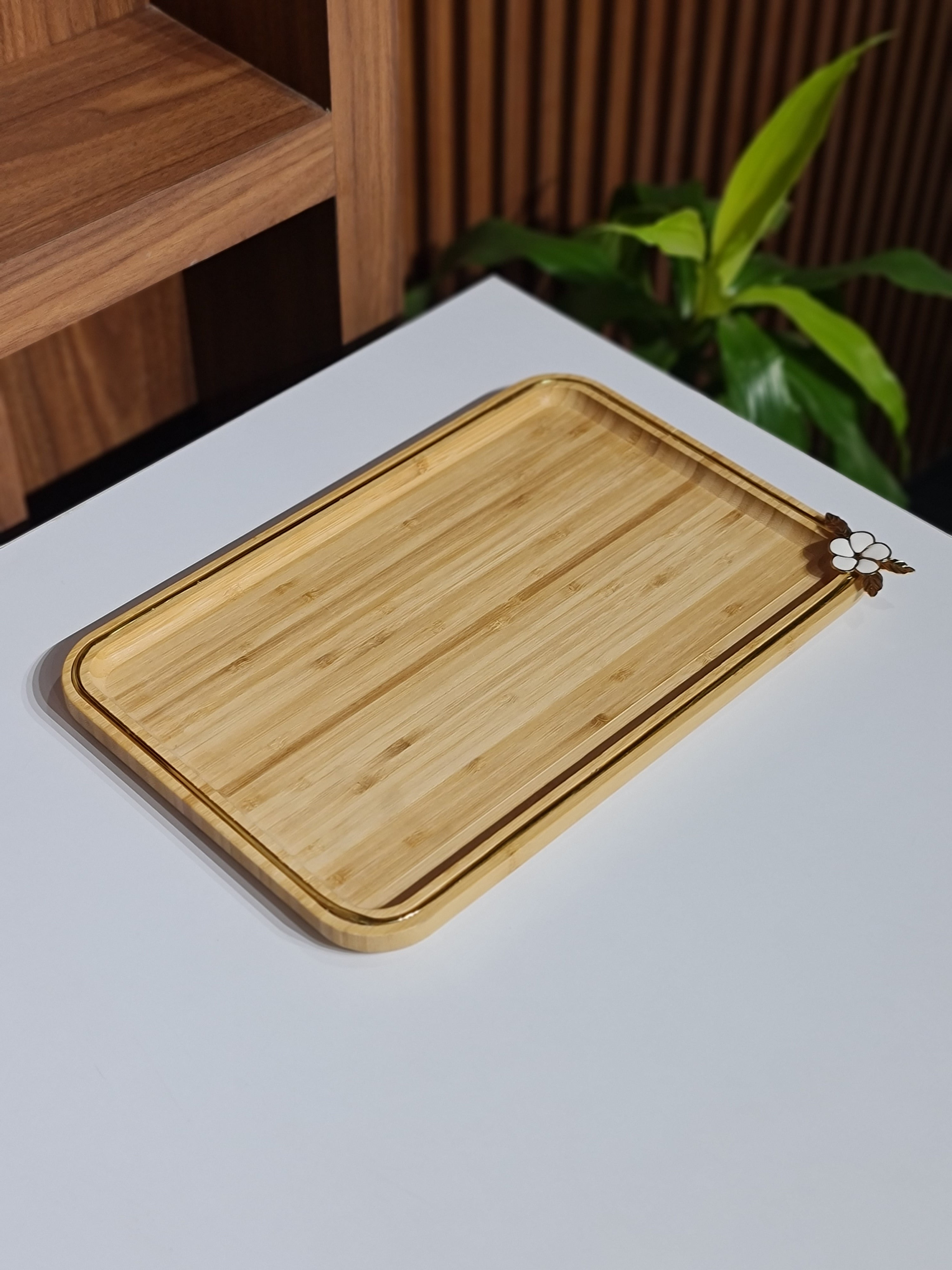 Natural Bamboo Serving Tray with Gold Rim - Rectangular Wooden Breakfast & Vanity Tray