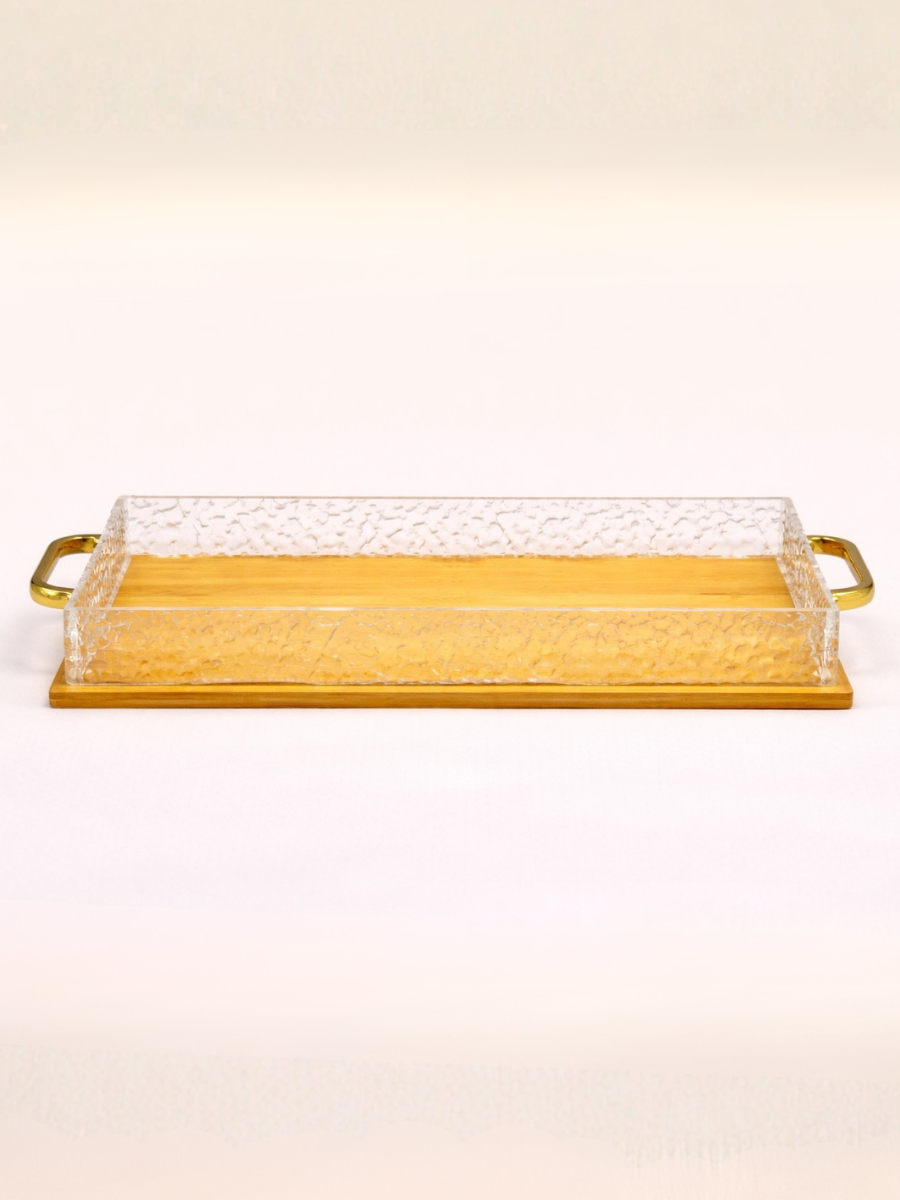 Decorative Bamboo Wooden Tray with Acrylic Sides & Gold Handles