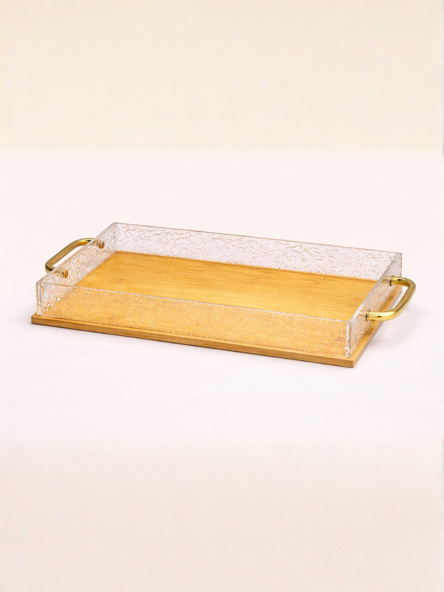 Decorative Bamboo Wooden Tray with Acrylic Sides & Gold Handles