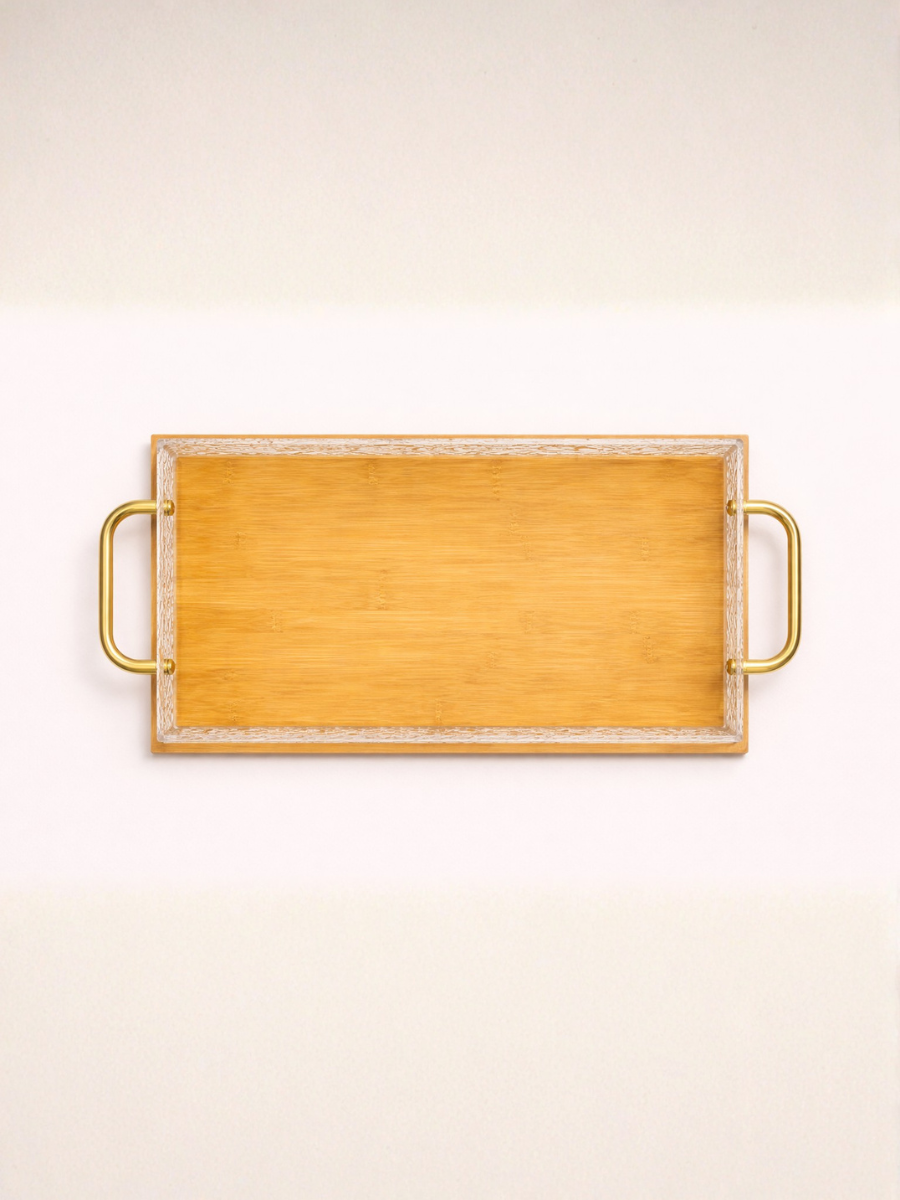 Decorative Bamboo Wooden Tray with Acrylic Sides & Gold Handles