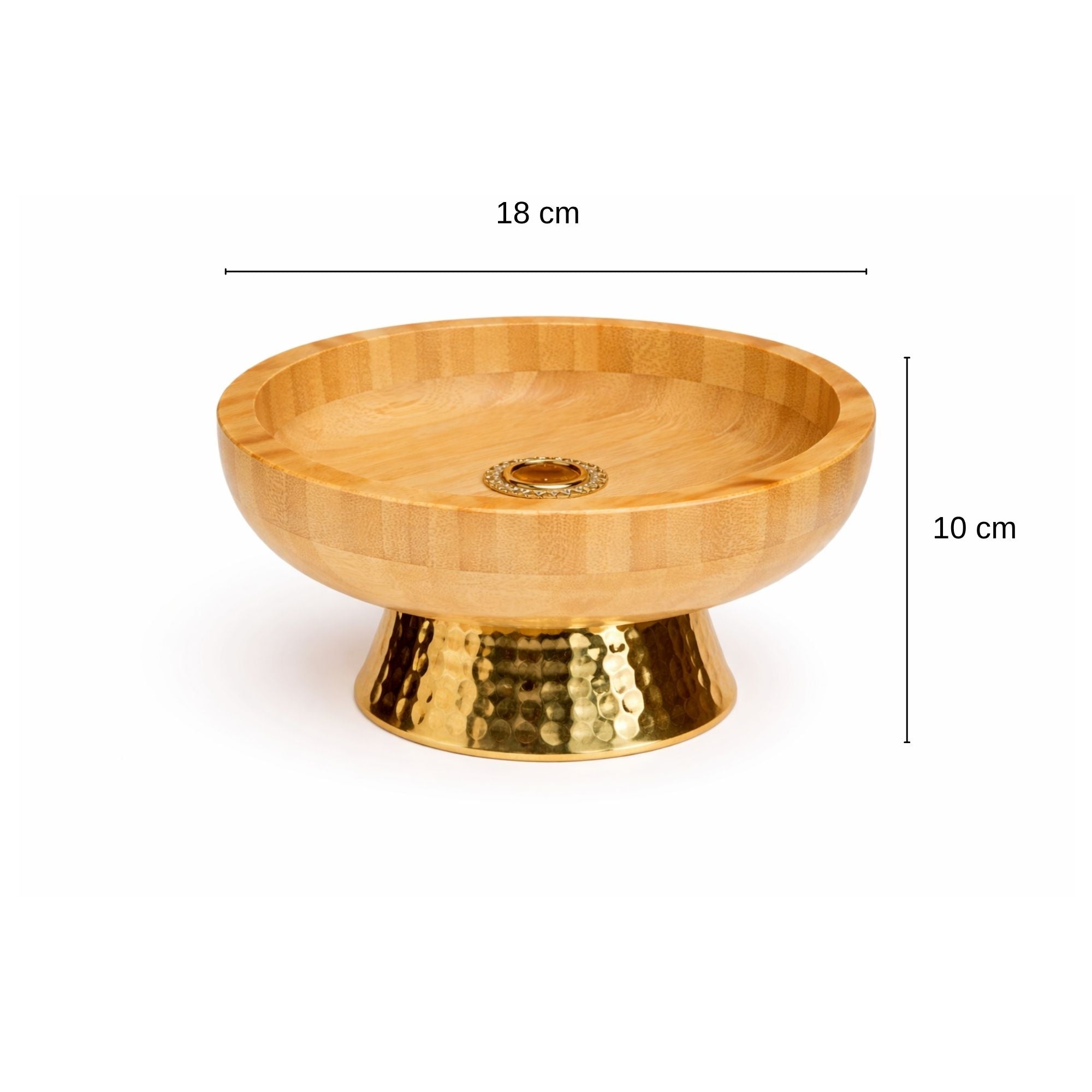 Wooden Pedestal Fruit Bowl with Hammered Gold Metal Base