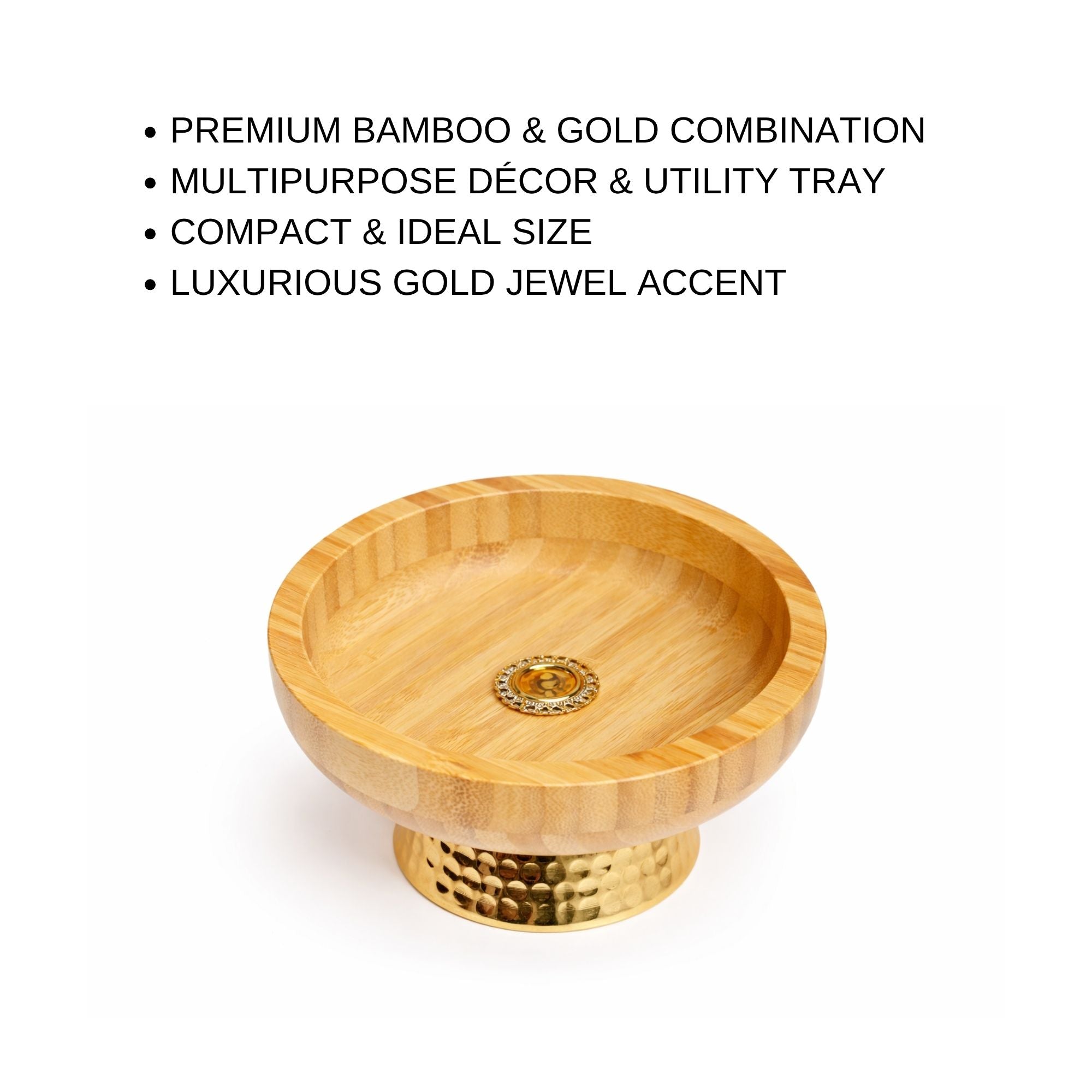 Wooden Pedestal Fruit Bowl with Hammered Gold Metal Base