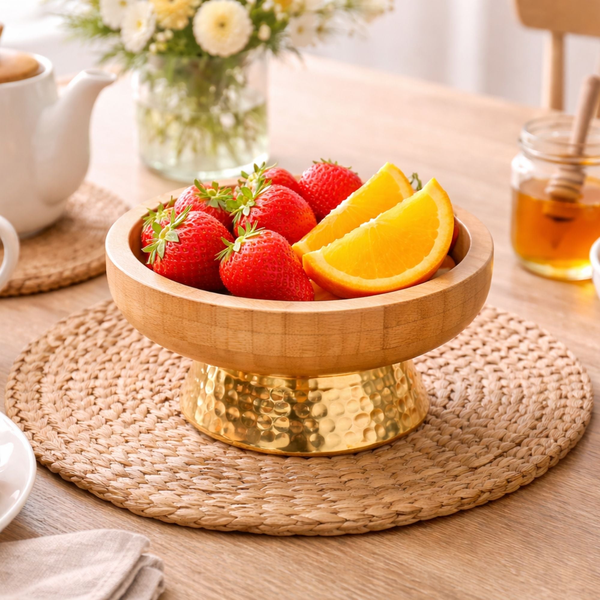 Wooden Pedestal Fruit Bowl with Hammered Gold Metal Base