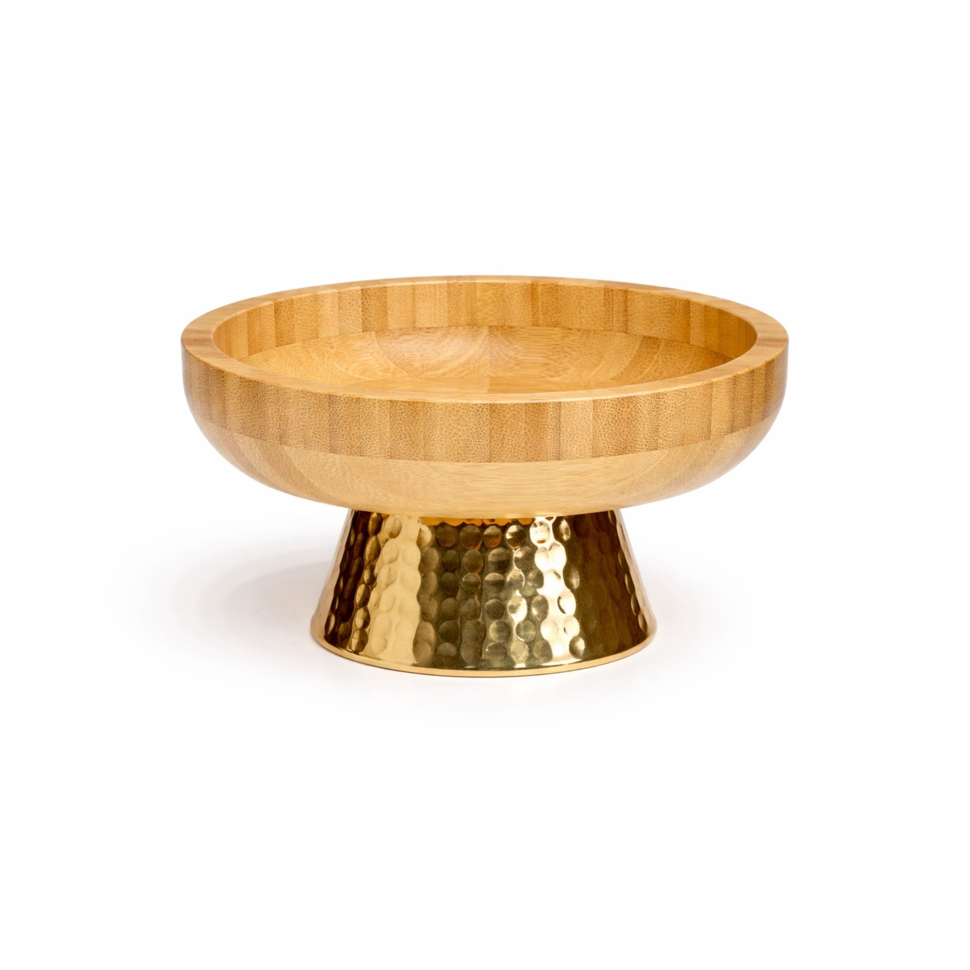 Wooden Pedestal Fruit Bowl with Hammered Gold Metal Base