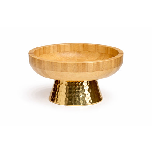 Wooden Pedestal Fruit Bowl with Hammered Gold Metal Base
