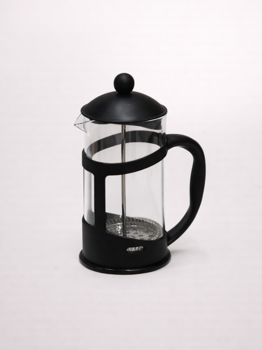Black French press coffee maker on a white background