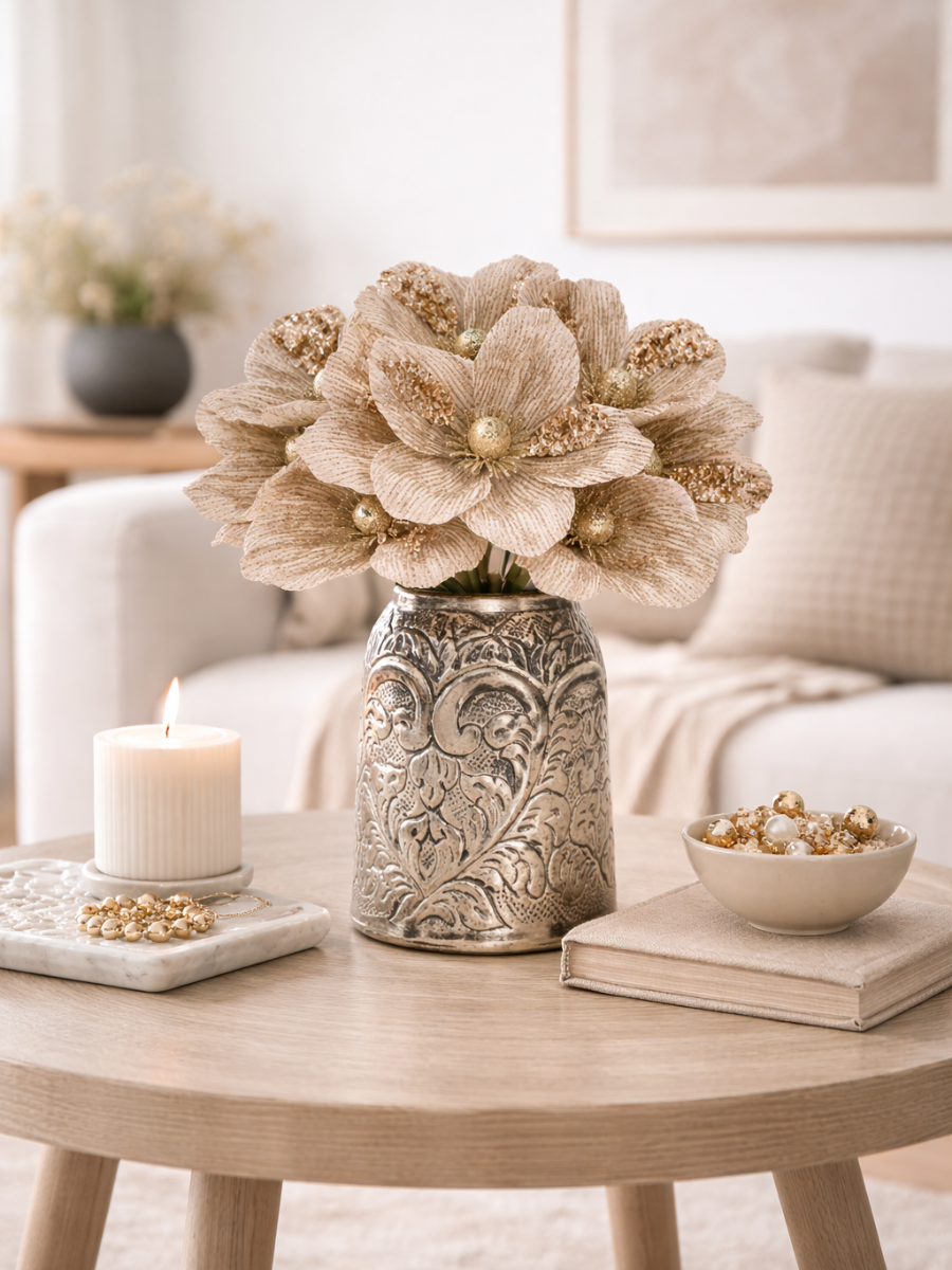 Glitter Magnolia Artificial Flower Stems - 8 Petals | 25.5 cm | Pack of 4
