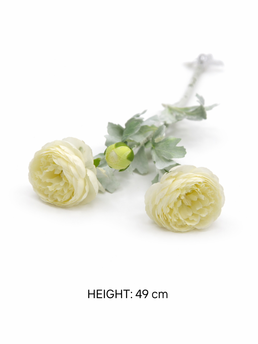 Premium 49cm Artificial Ranunculus Silk Flower Stem (3 Blooms & 7 Leaves) - Pack of 2