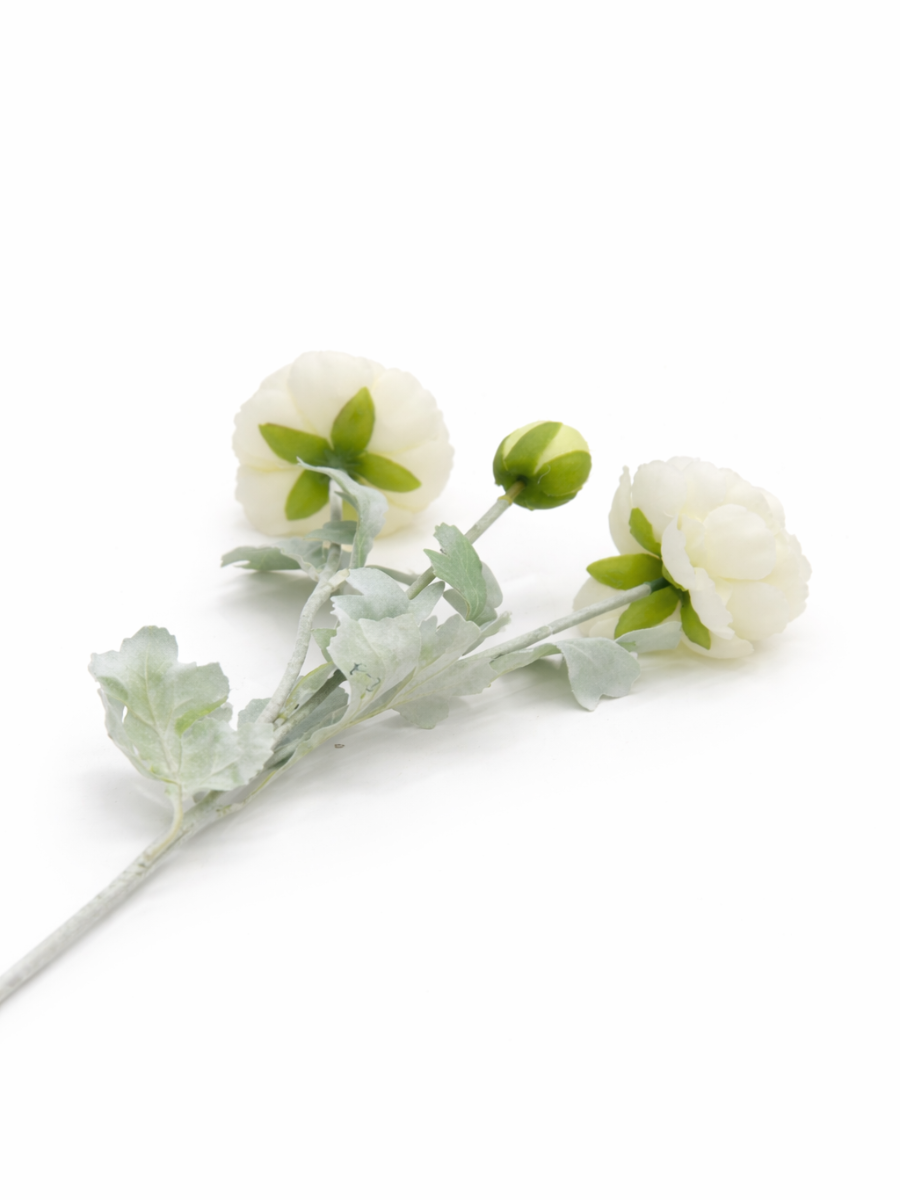 Premium 49cm Artificial Ranunculus Silk Flower Stem (3 Blooms & 7 Leaves) - Pack of 2