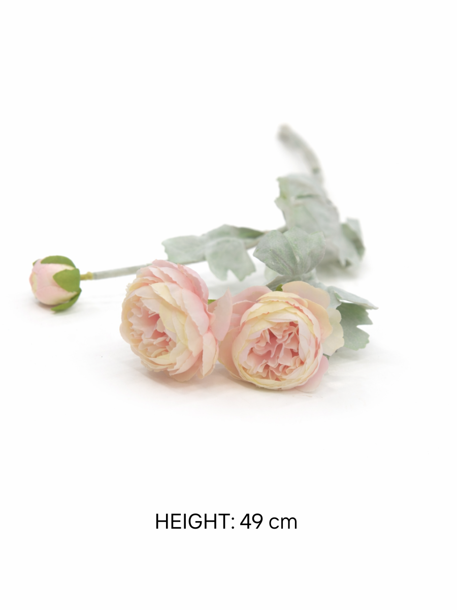 Premium 49cm Artificial Ranunculus Silk Flower Stem (3 Blooms & 7 Leaves) - Pack of 2