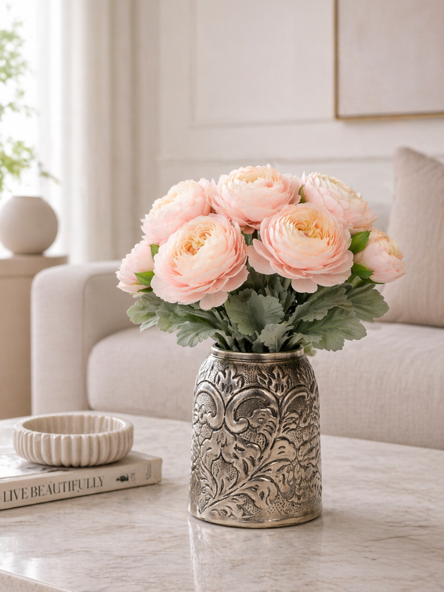 Premium 49cm Artificial Ranunculus Silk Flower Stem (3 Blooms & 7 Leaves) - Pack of 2