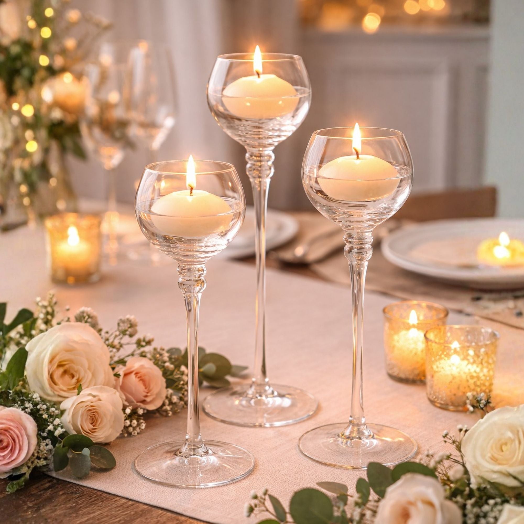 Set of 3 Long-Stem Glass Floating Candle Holders