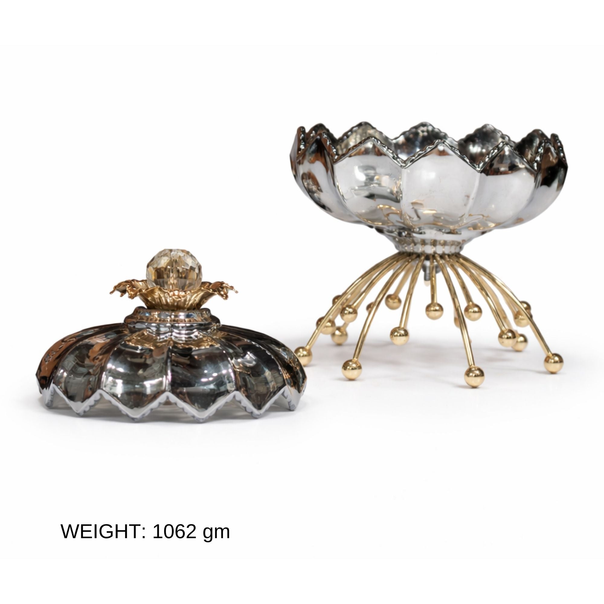 Luxury Chrome & Gold Decorative Showpiece Bowl - Crystal Finial, Sputnik Gold Base
