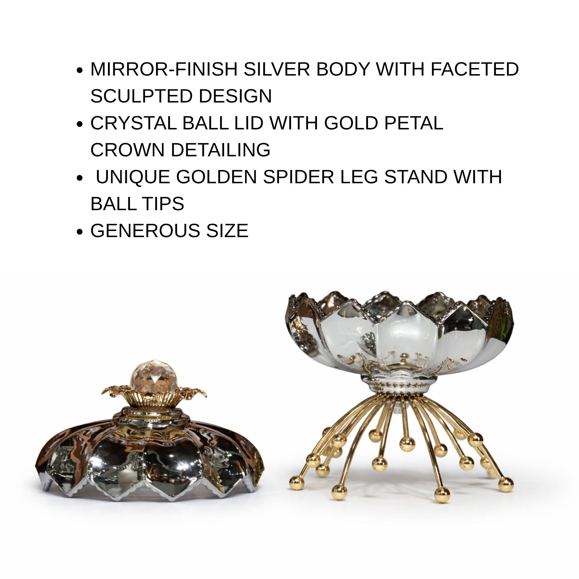 Luxury Chrome & Gold Decorative Showpiece Bowl - Crystal Finial, Sputnik Gold Base