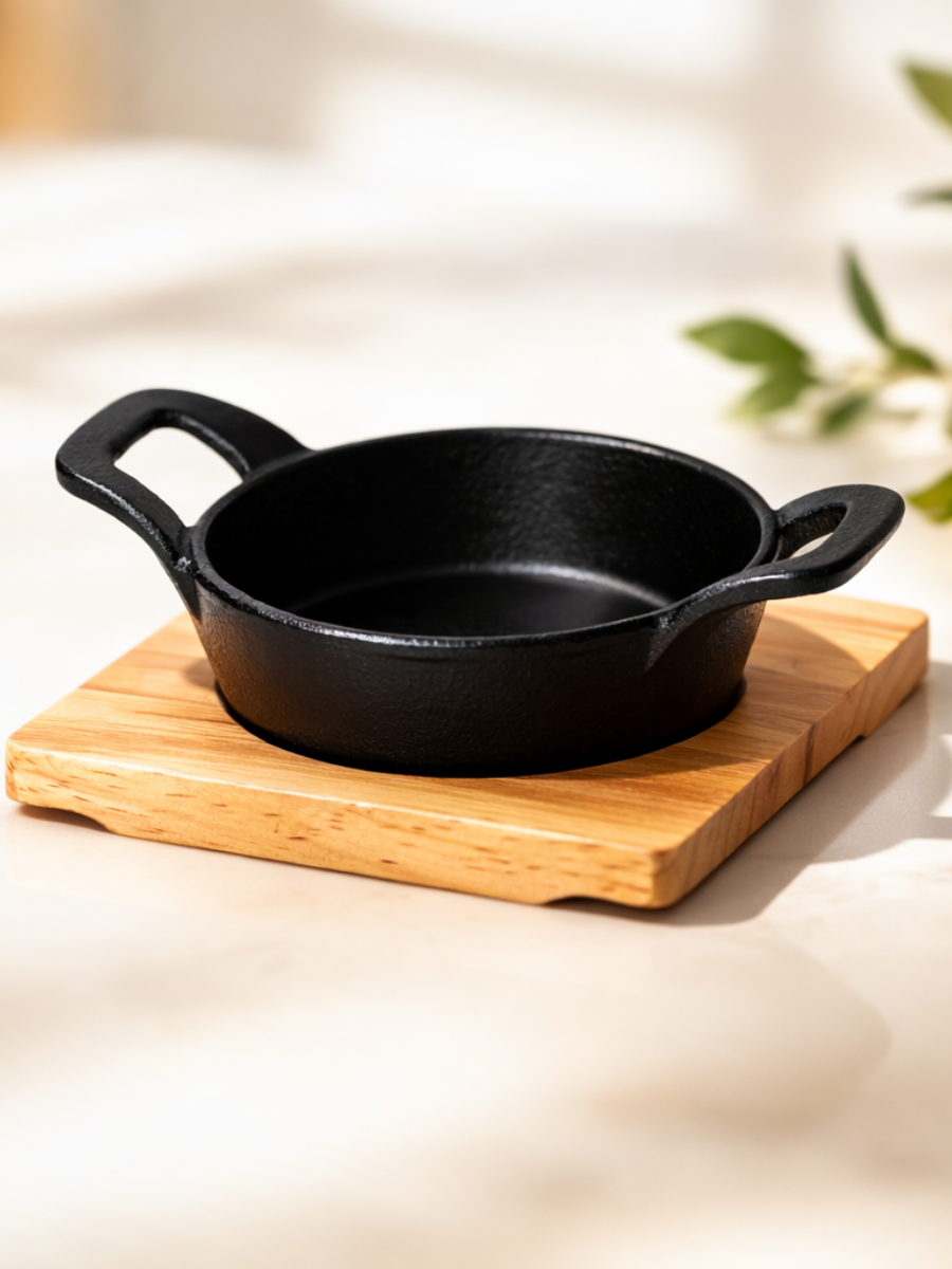 Mini Cast Iron Round Sizzler Pan with Wooden Base - 12 CM