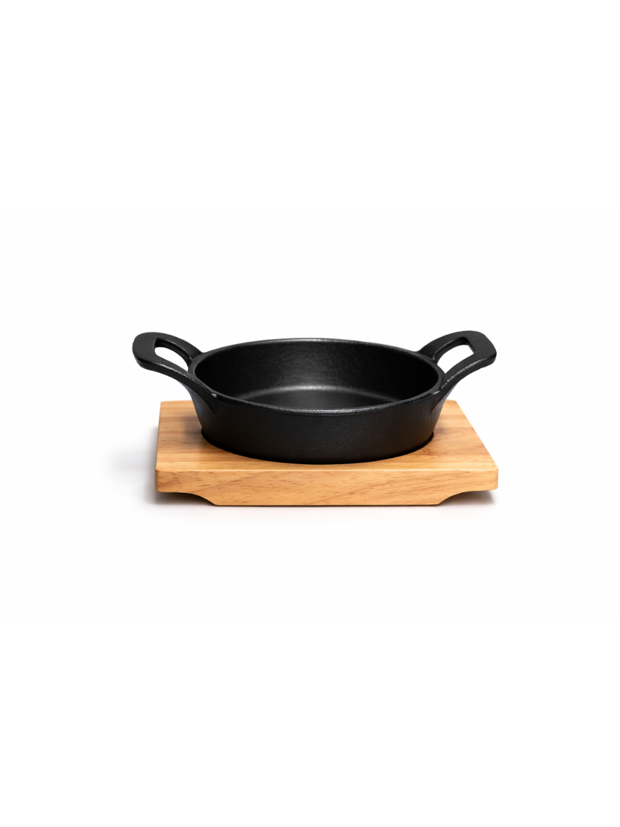 Mini Cast Iron Round Sizzler Pan with Wooden Base - 12 CM