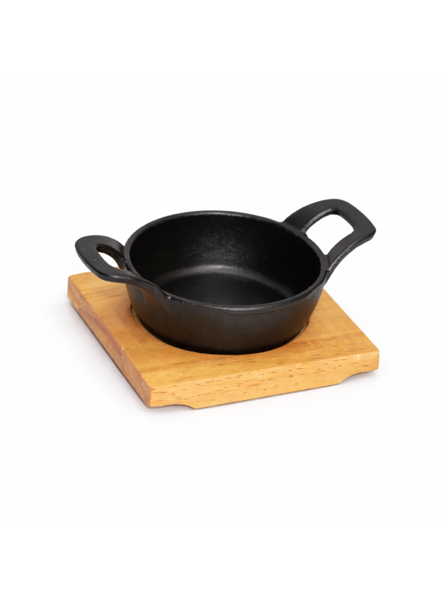 Mini Cast Iron Round Sizzler Pan with Wooden Base - 12 CM