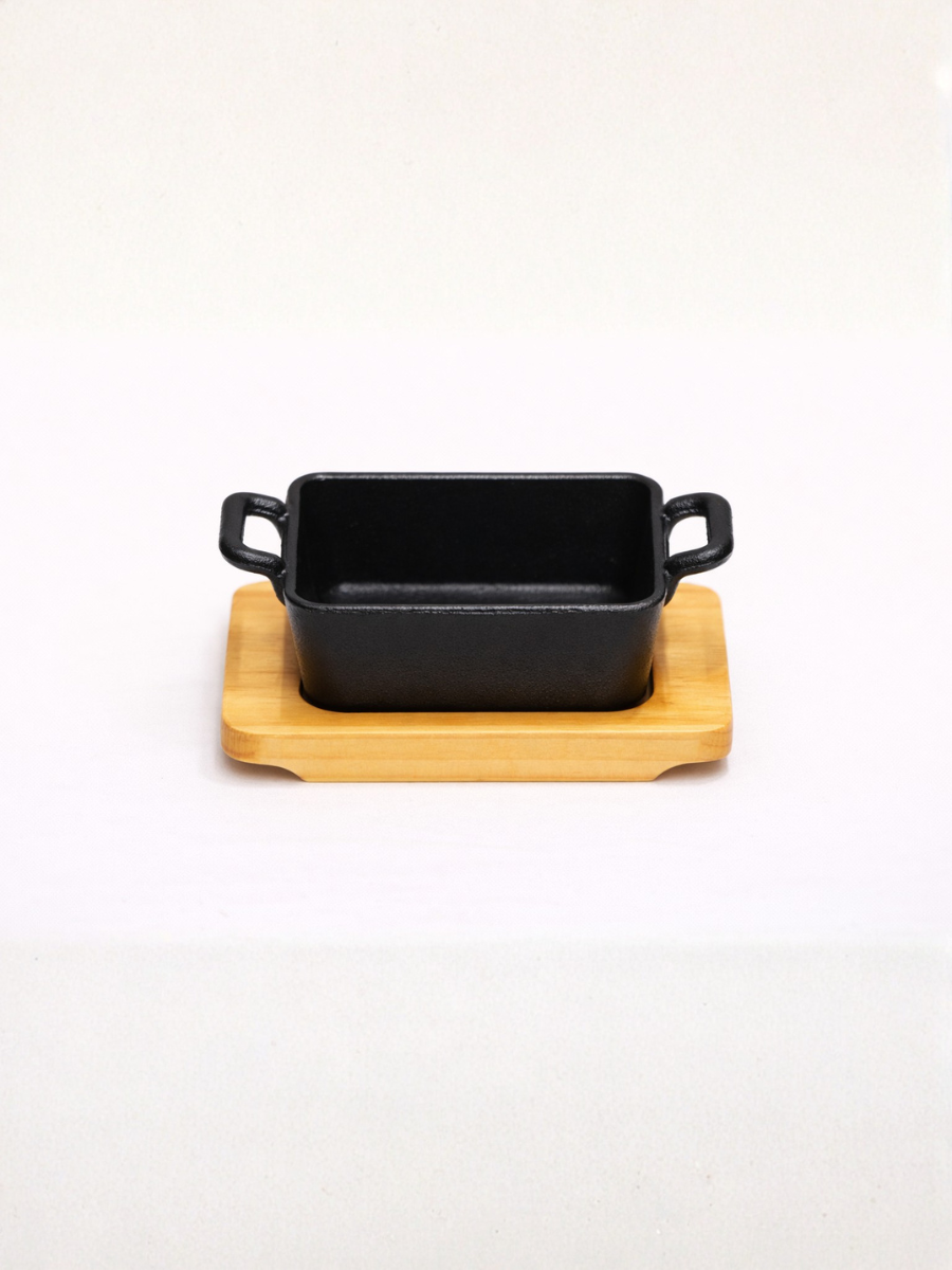 Pre-Seasoned Cast Iron Mini Rectangular Sizzler Pan with Wooden Base