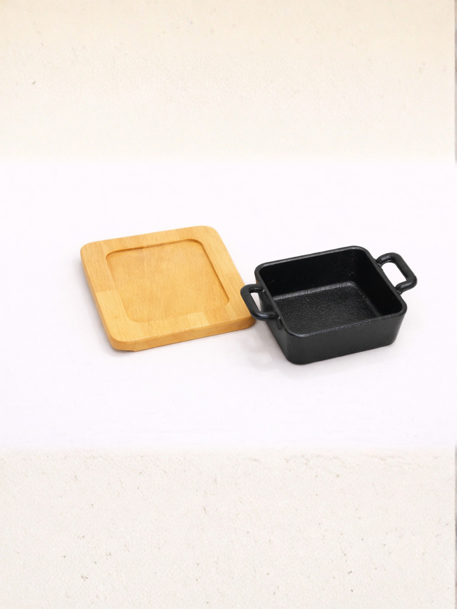Pre-Seasoned Cast Iron Mini Rectangular Sizzler Pan with Wooden Base