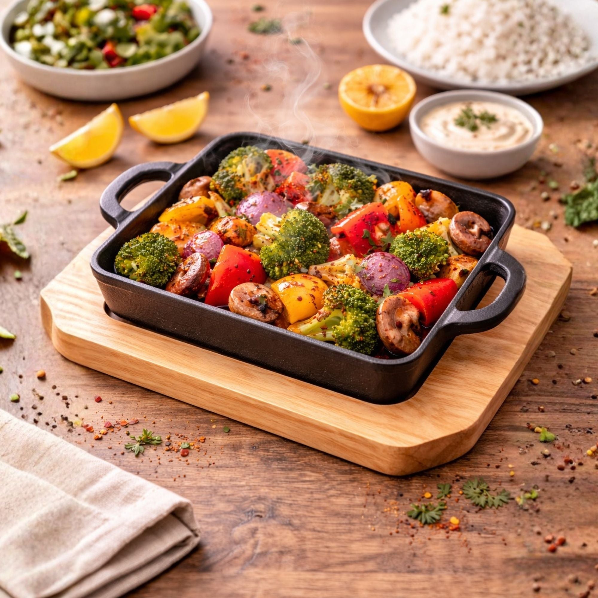 Vegetable dish in a cast iron skillet on a wooden cutting board with lemon wedges and herbs.