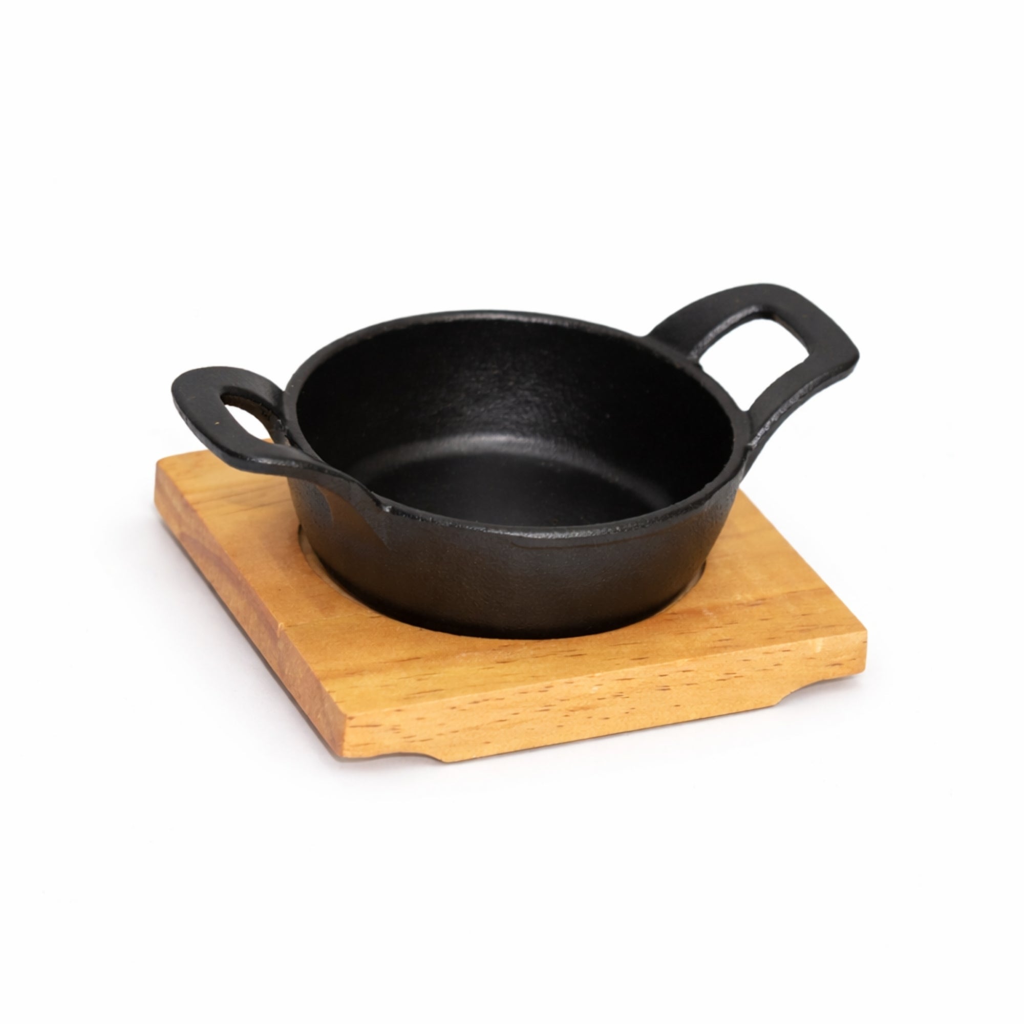 Mini Cast Iron Round Sizzler Pan with Wooden Base - 12 CM