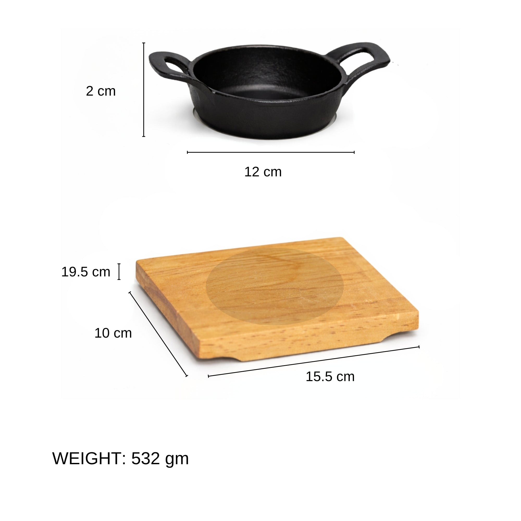 Mini Cast Iron Round Sizzler Pan with Wooden Base - 12 CM
