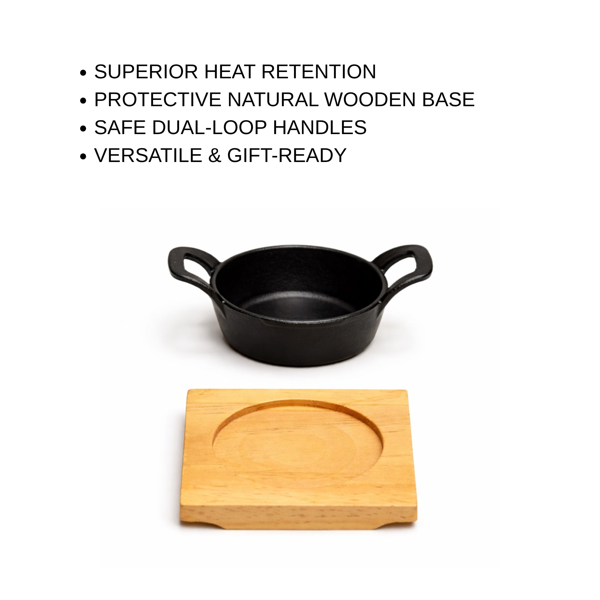 Mini Cast Iron Round Sizzler Pan with Wooden Base - 12 CM