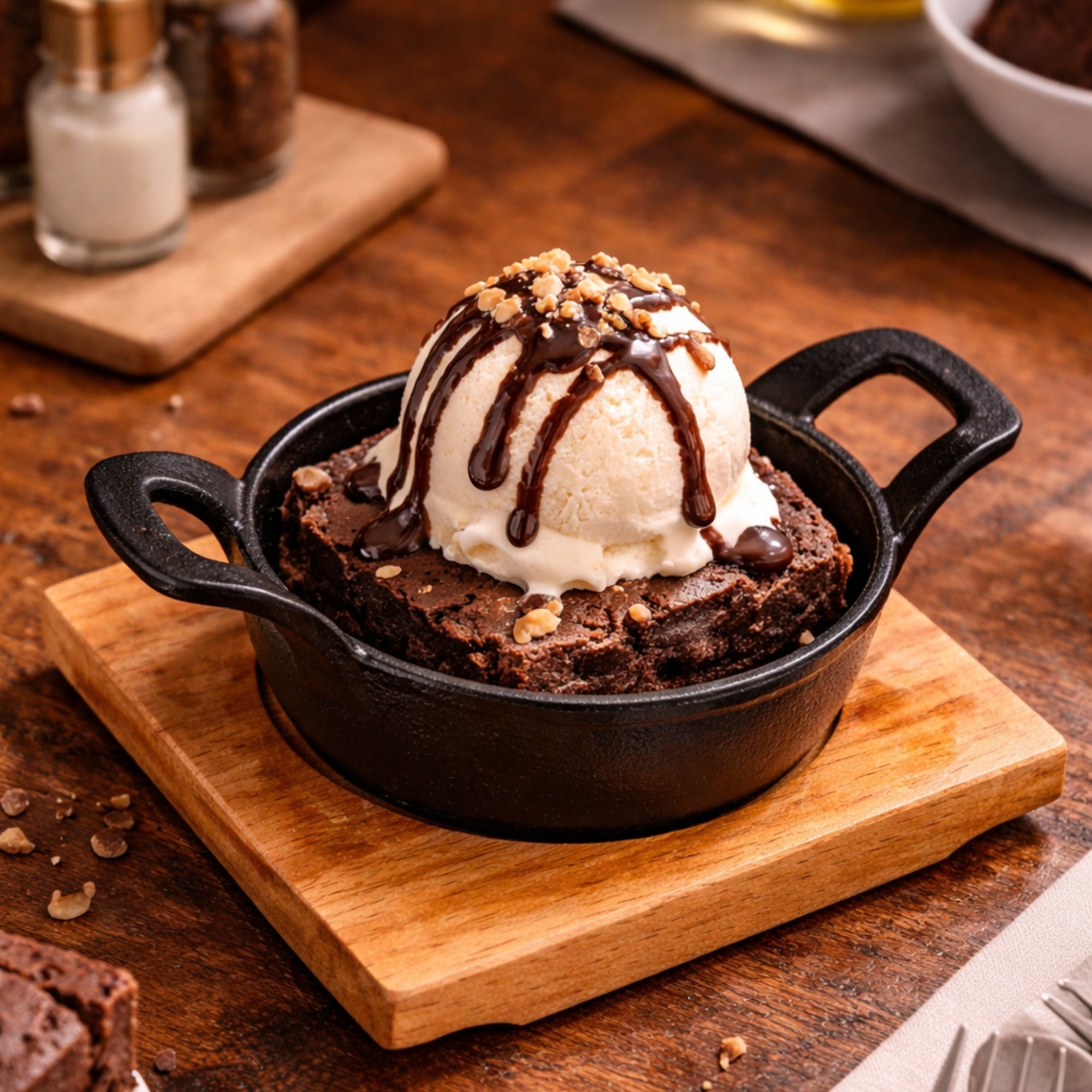 Mini Cast Iron Round Sizzler Pan with Wooden Base - 12 CM