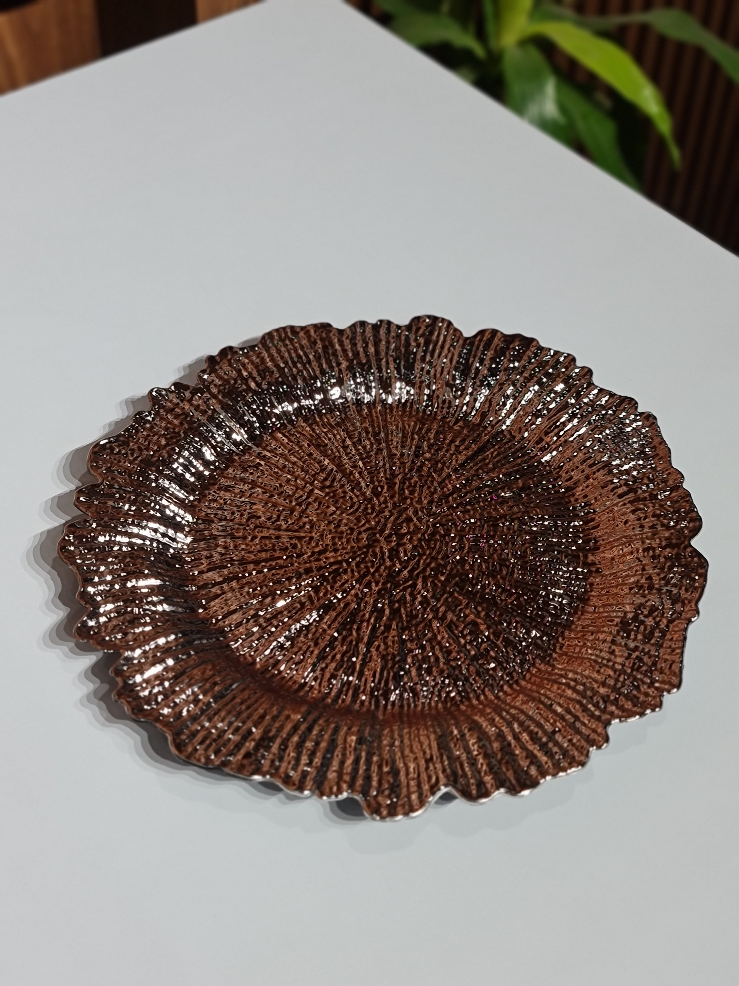 Set of 6 Rose Gold Reef Charger Plates | 34CM Starburst Scalloped Edge Dinner Chargers