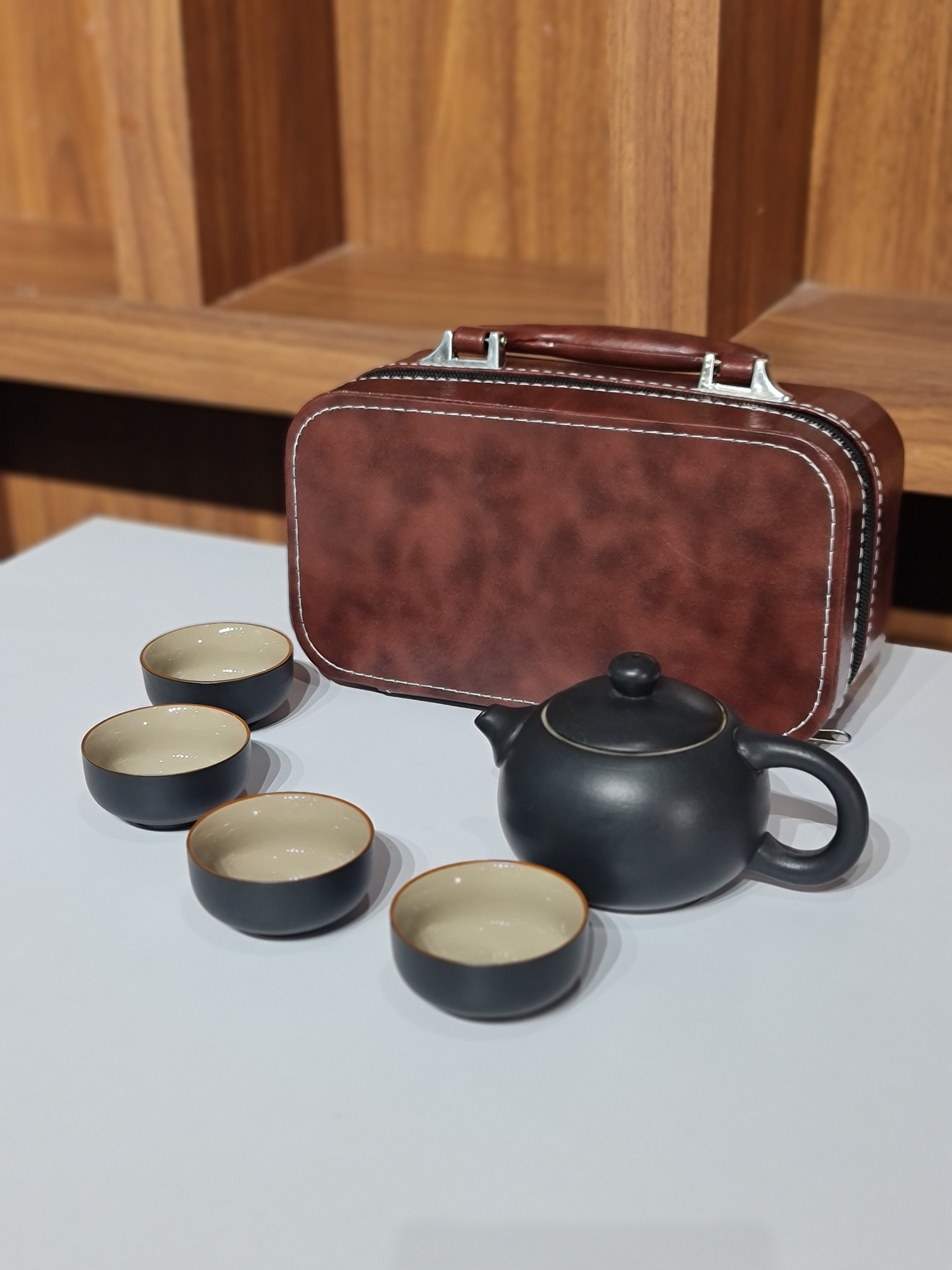 Portable Travel Tea Set with PU Leather Carrying Case – 4 Cups & Teapot