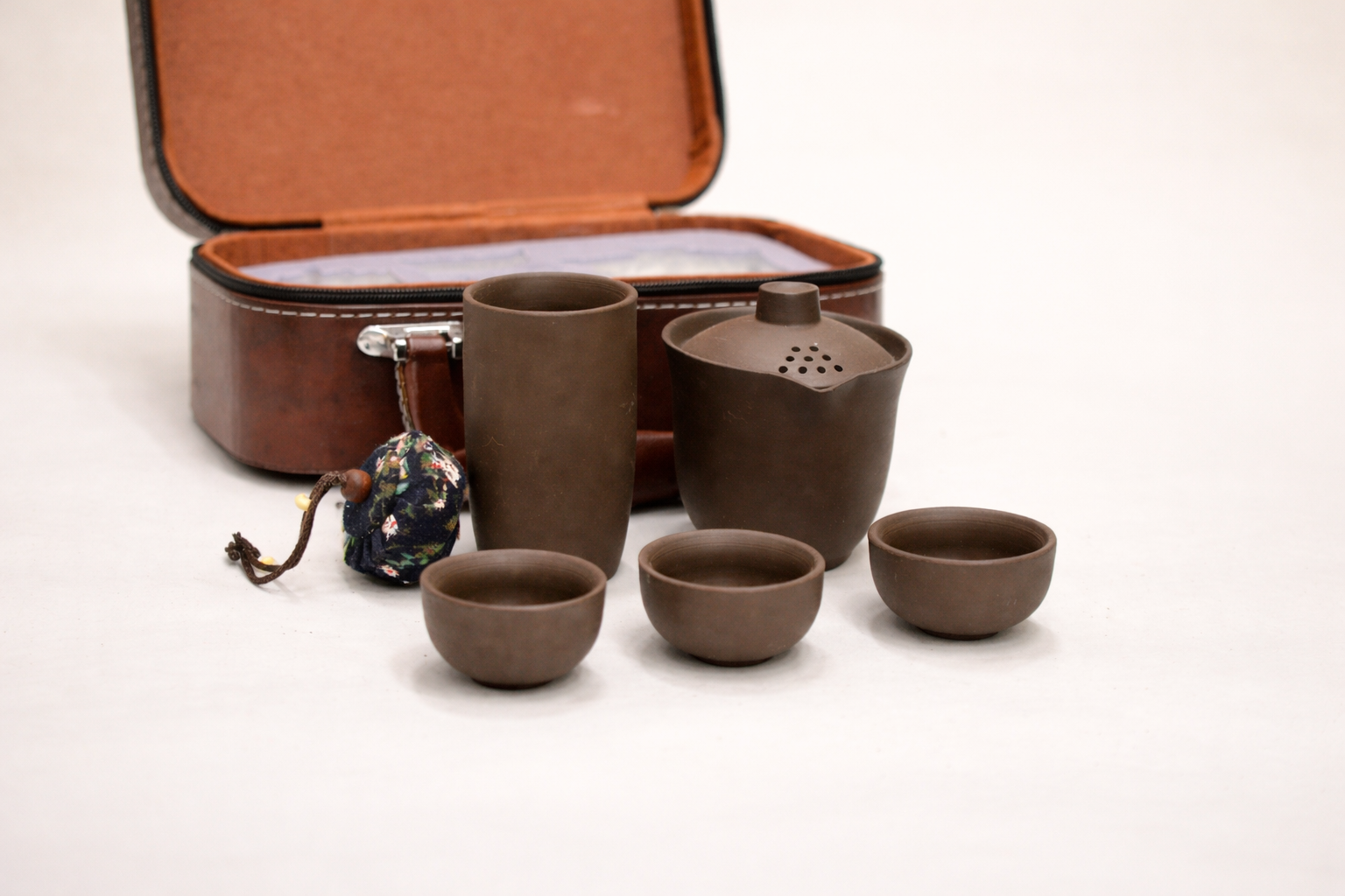 Artisanal Blue Ceramic Tea Set with Case - Handmade Clay Teapot