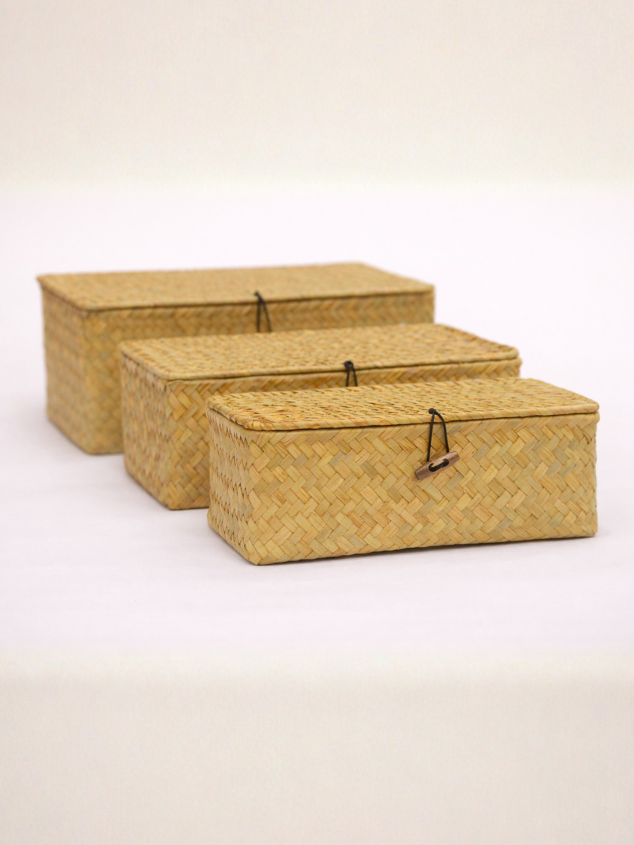 Set of 3 Natural Organiser Boxes | Woven Sea grass Storage Baskets with Lid