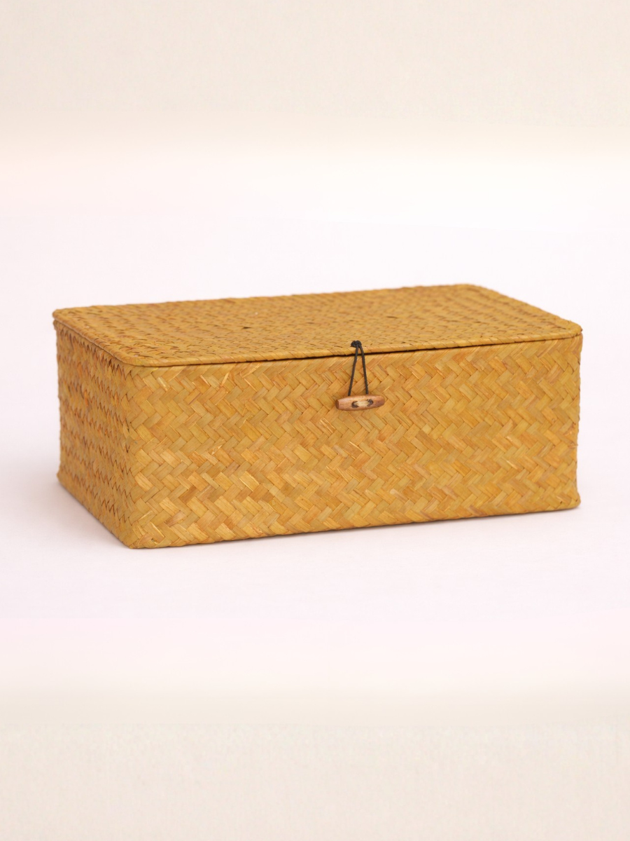 Set of 3 Natural Organiser Boxes | Woven Sea grass Storage Baskets with Lid