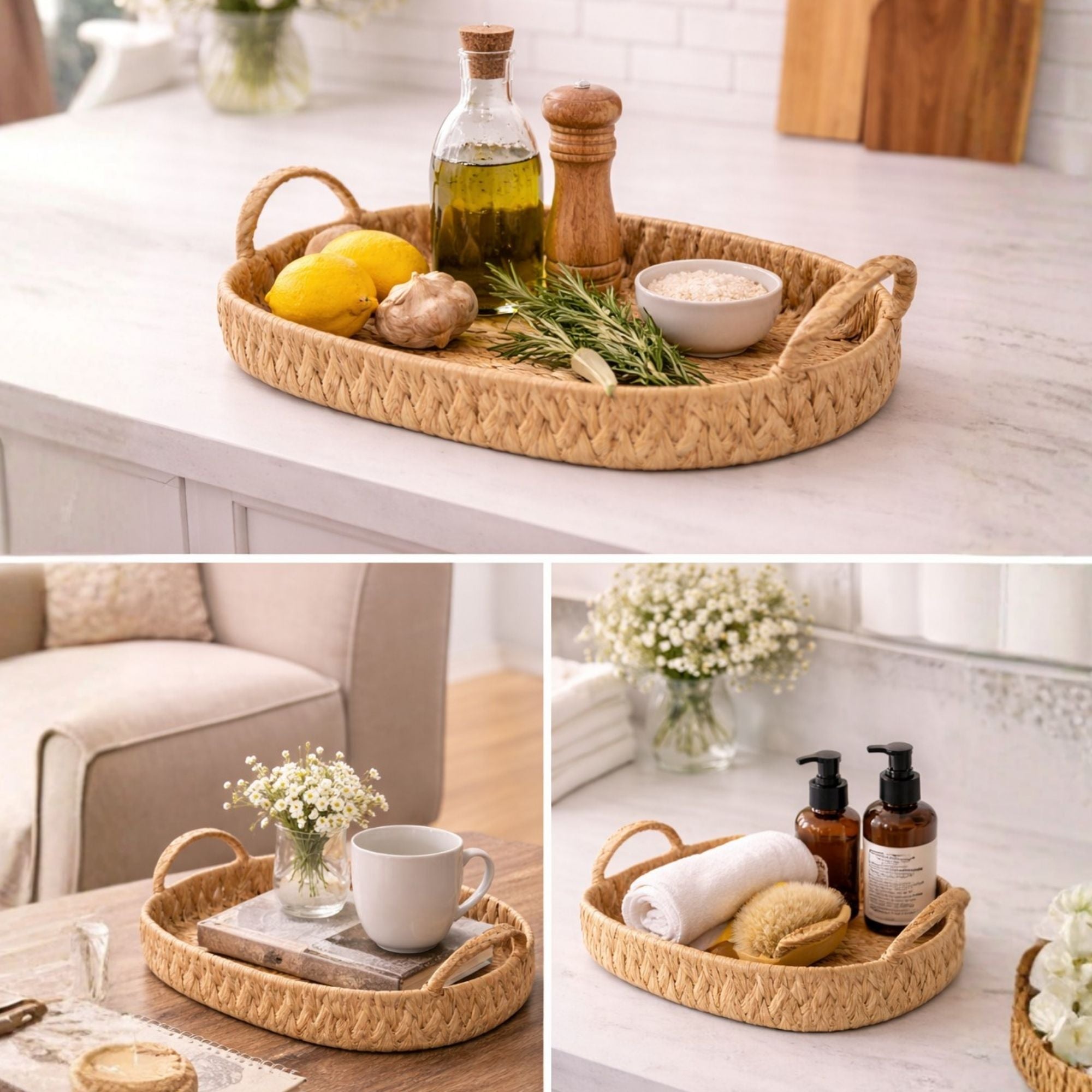 Set of 3 Handwoven Water Hyacinth Oval Tray